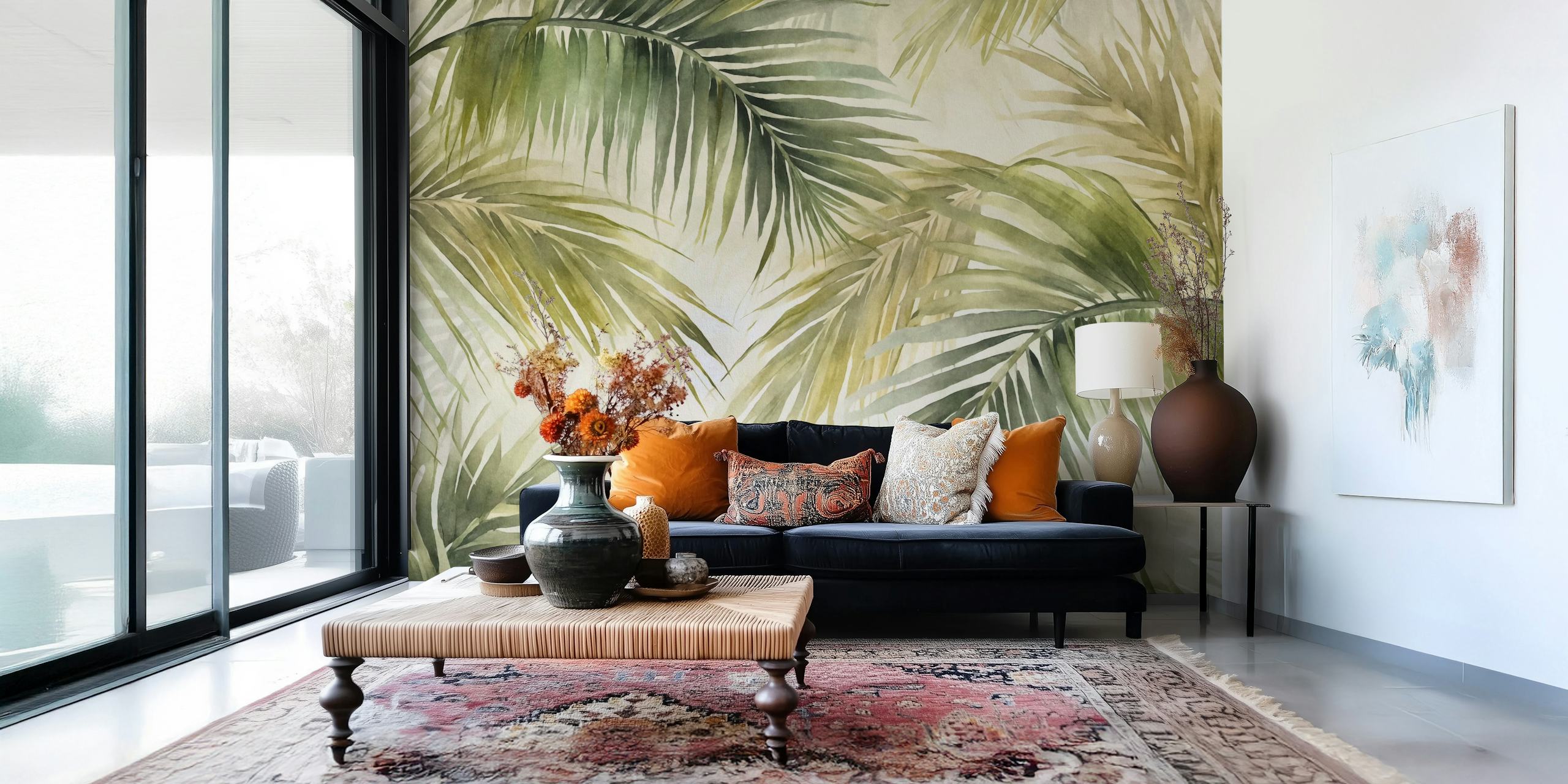 Tropical Island Palm Leaves Watercolor Green τοίχος με πλούσια βλάστηση
