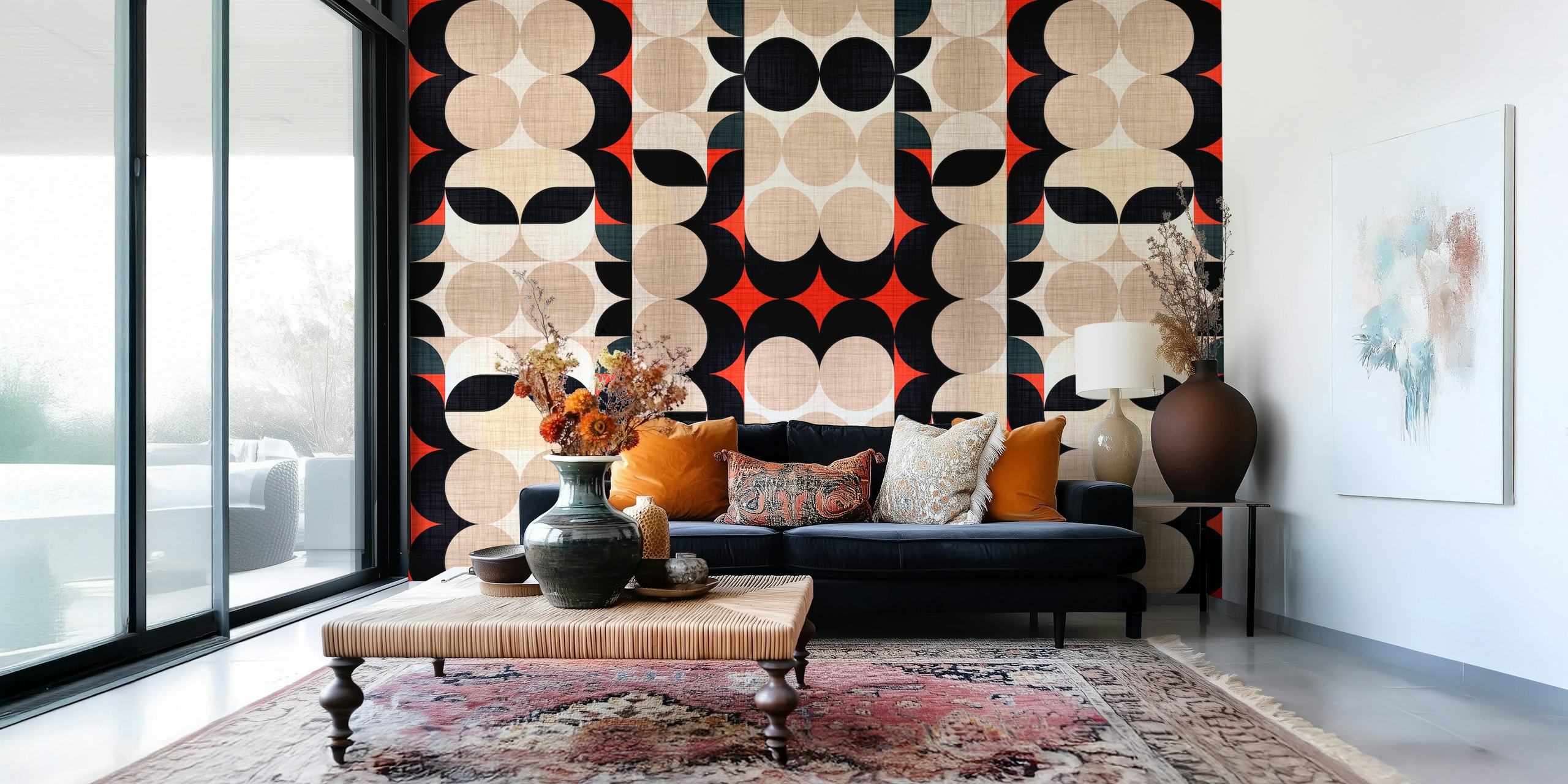Bauhaus Fabric Pattern -seinämaalaus geometrisillä muodoilla ja rohkeilla väreillä