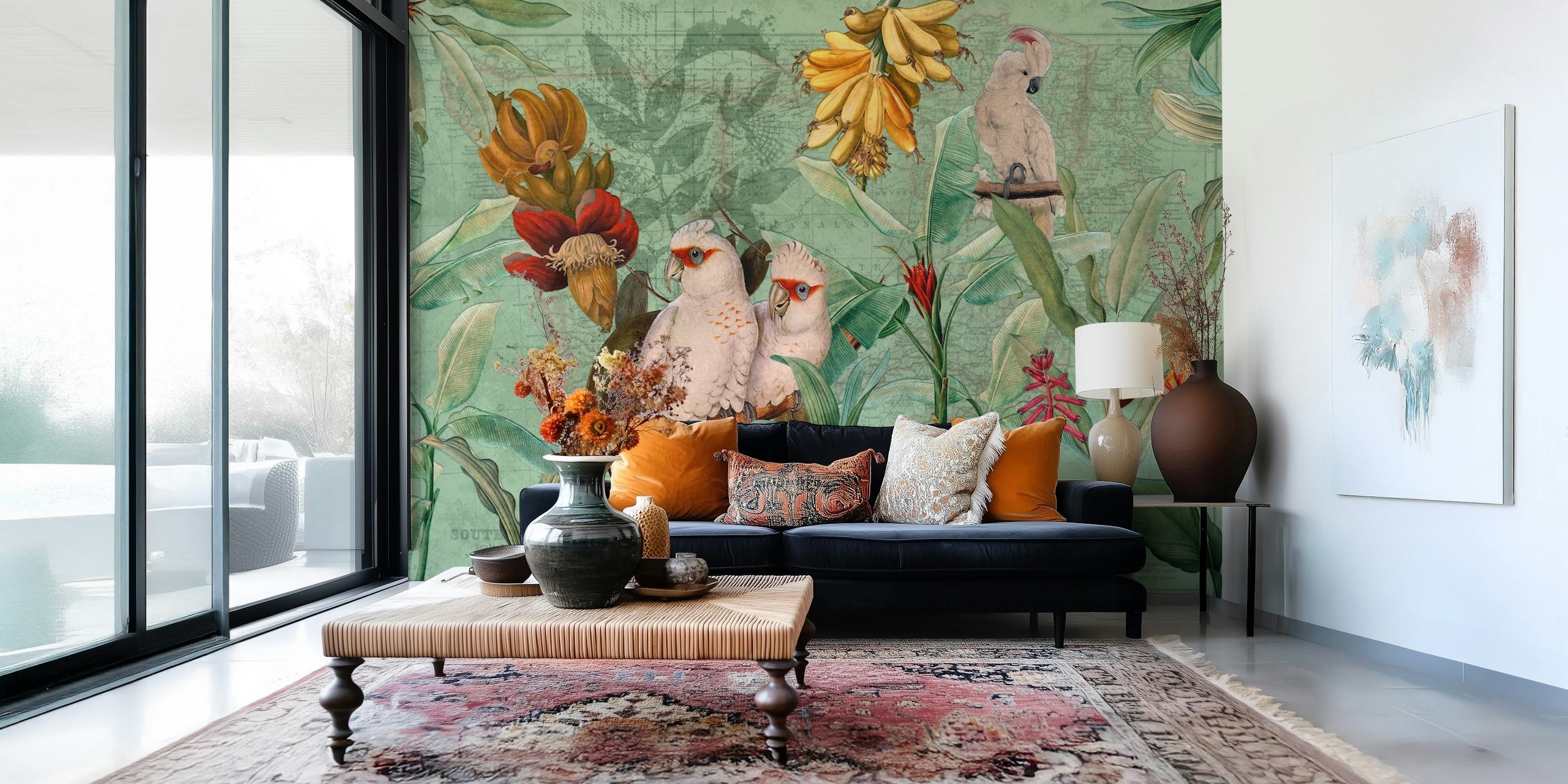 Green Exotic Vintage Bird Jungle tapettisuunnittelu