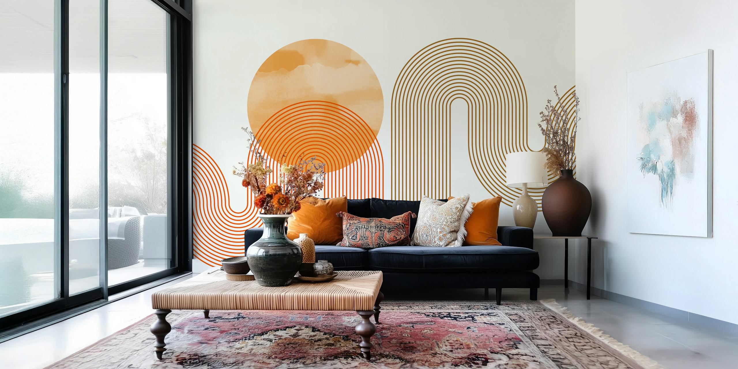 Curvy orange and brown lines with circular shapes wallpaper