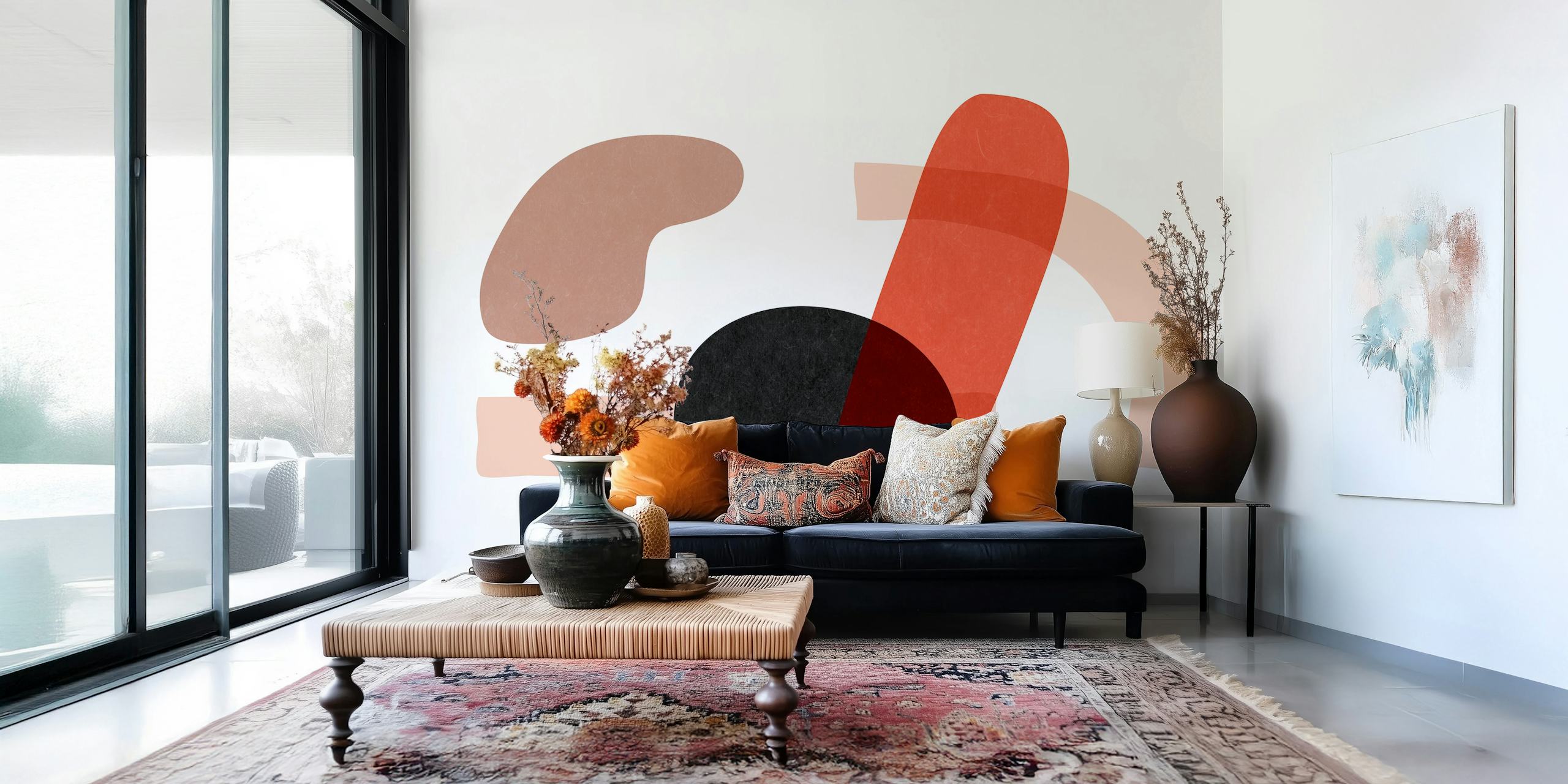 Abstracte, Japans geïnspireerde vormen in gedempte aardetinten muurschildering