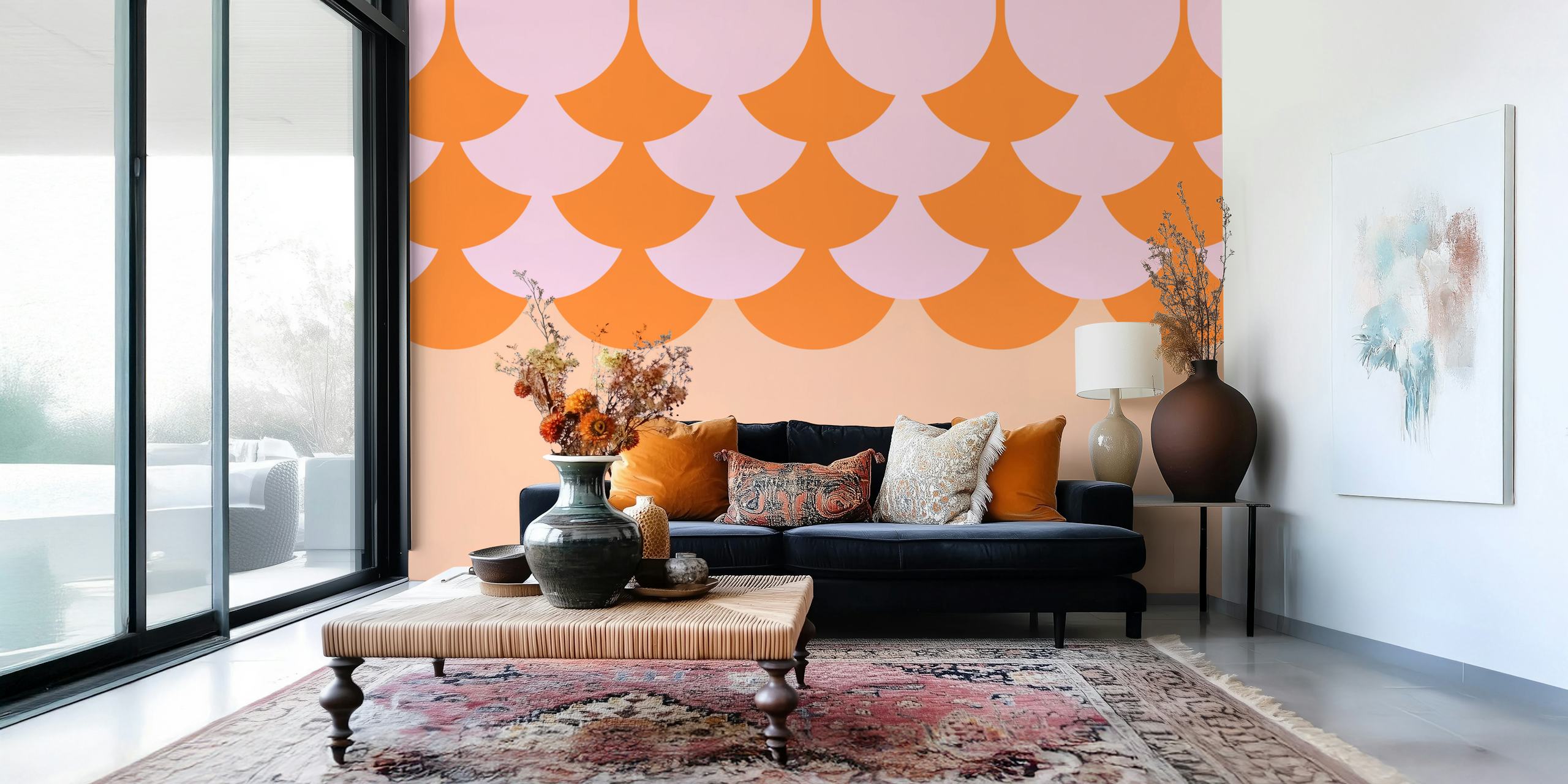 Art Deco pattern with orange and pink scallops wallpaper