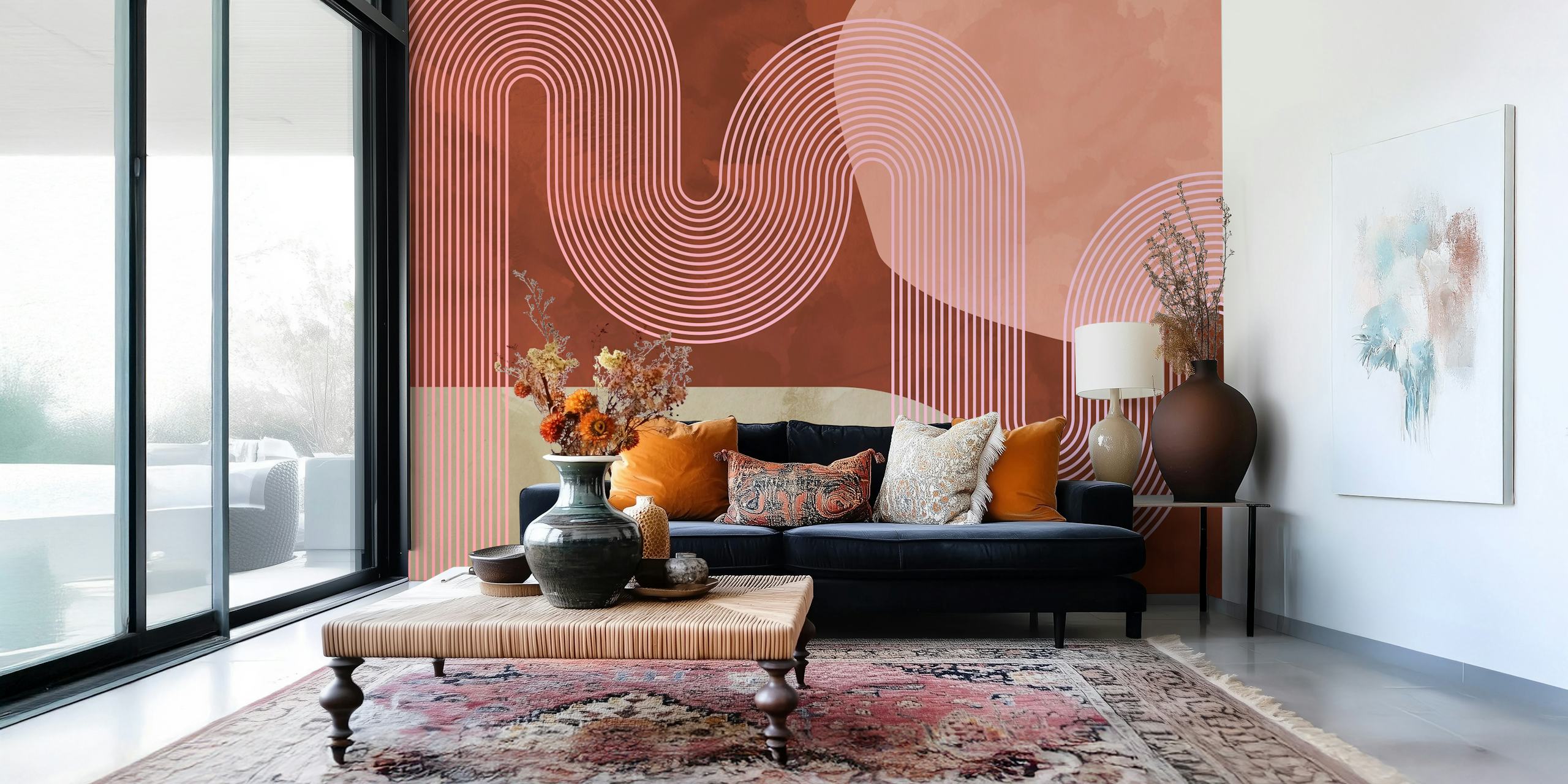 Curvy lines in pink and brown tones with organic shapes wallpaper