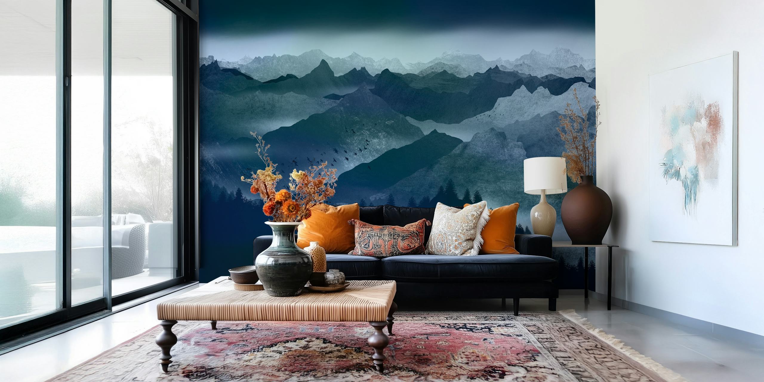 Dark blue mountain landscape wallpaper with silhouette trees