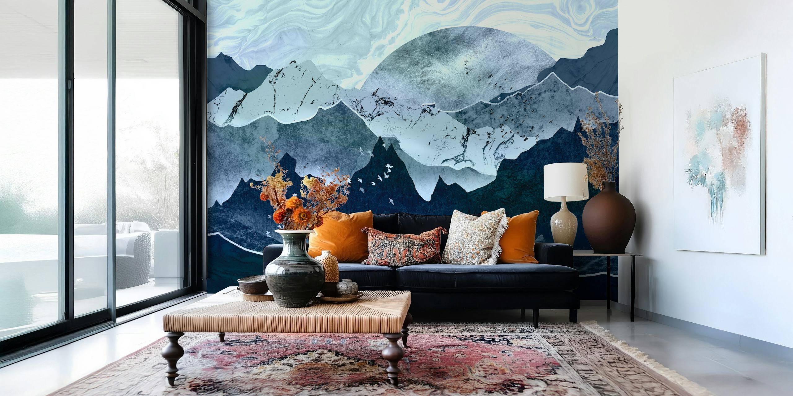 Blue mountains with white birds flying above wallpaper