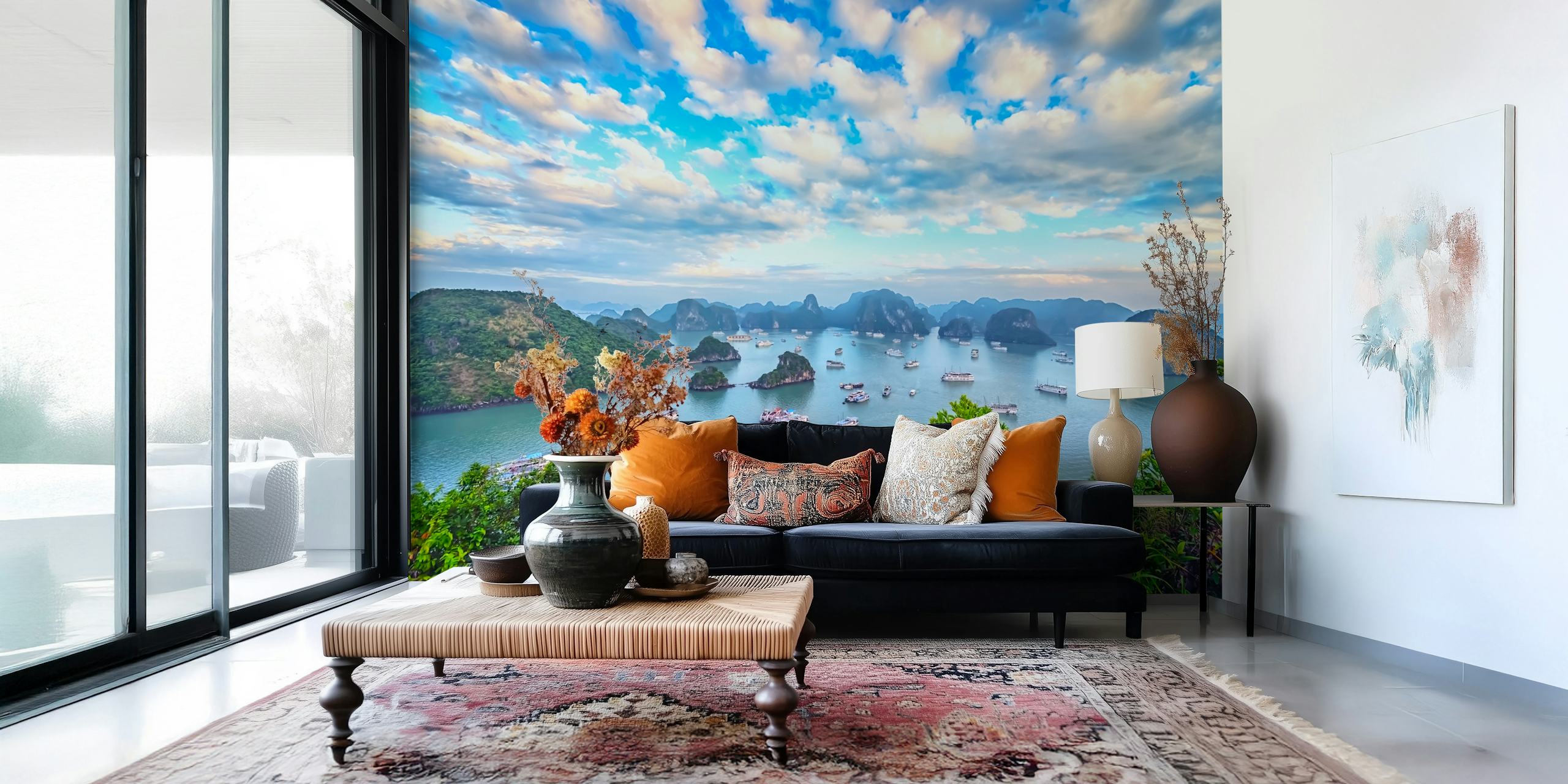 Halong behang dat een serene landschap toont