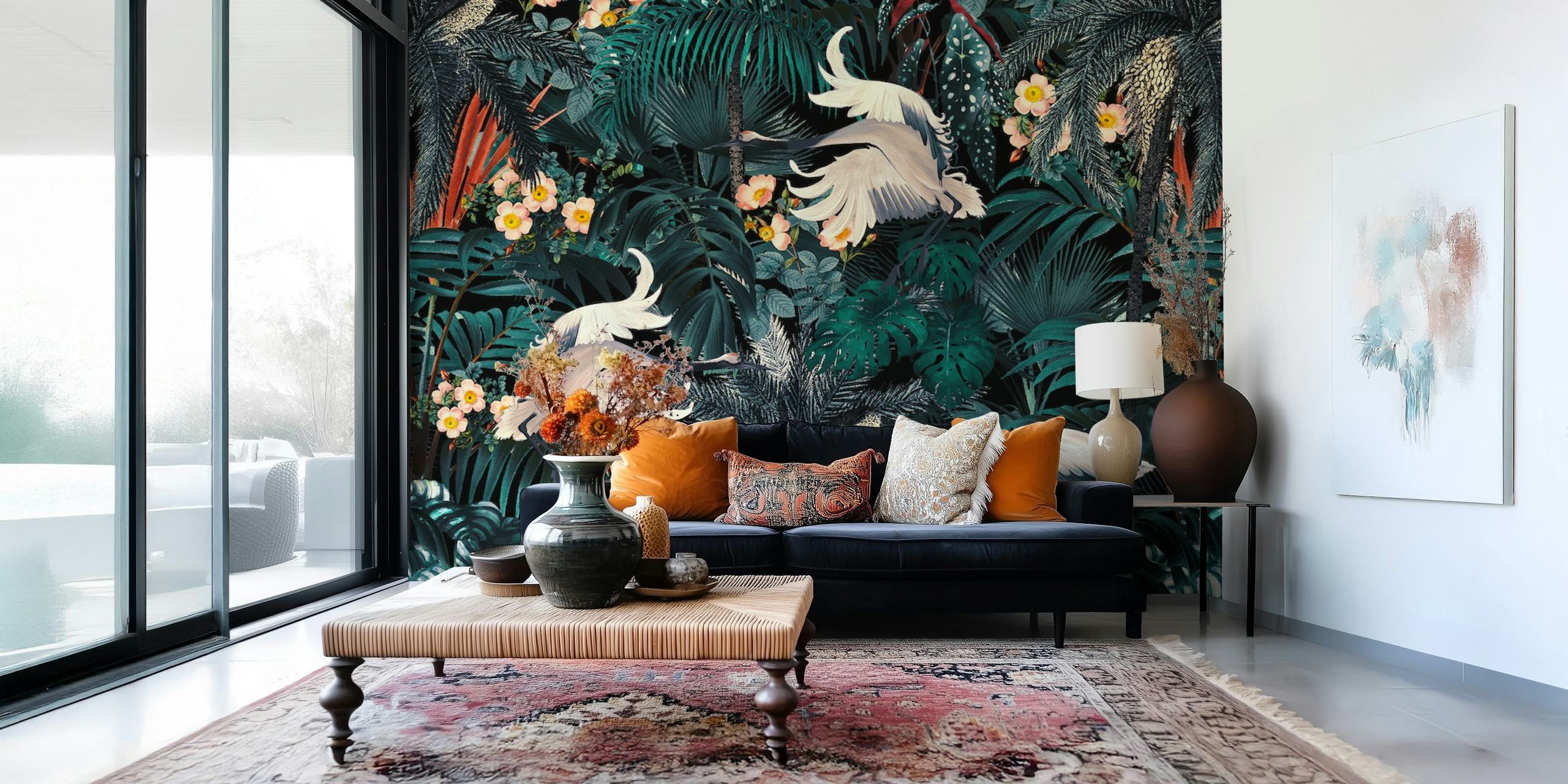 Papel pintado Bird Jungle en una habitación decorada