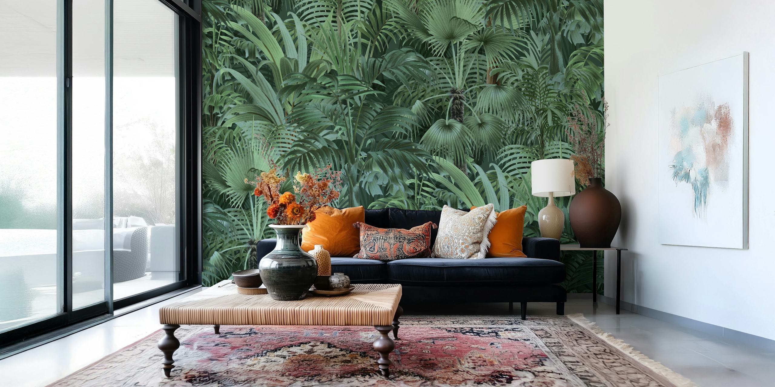 Dense tropical foliage wall mural with varying shades of green, creating an enchanting jungle atmosphere.