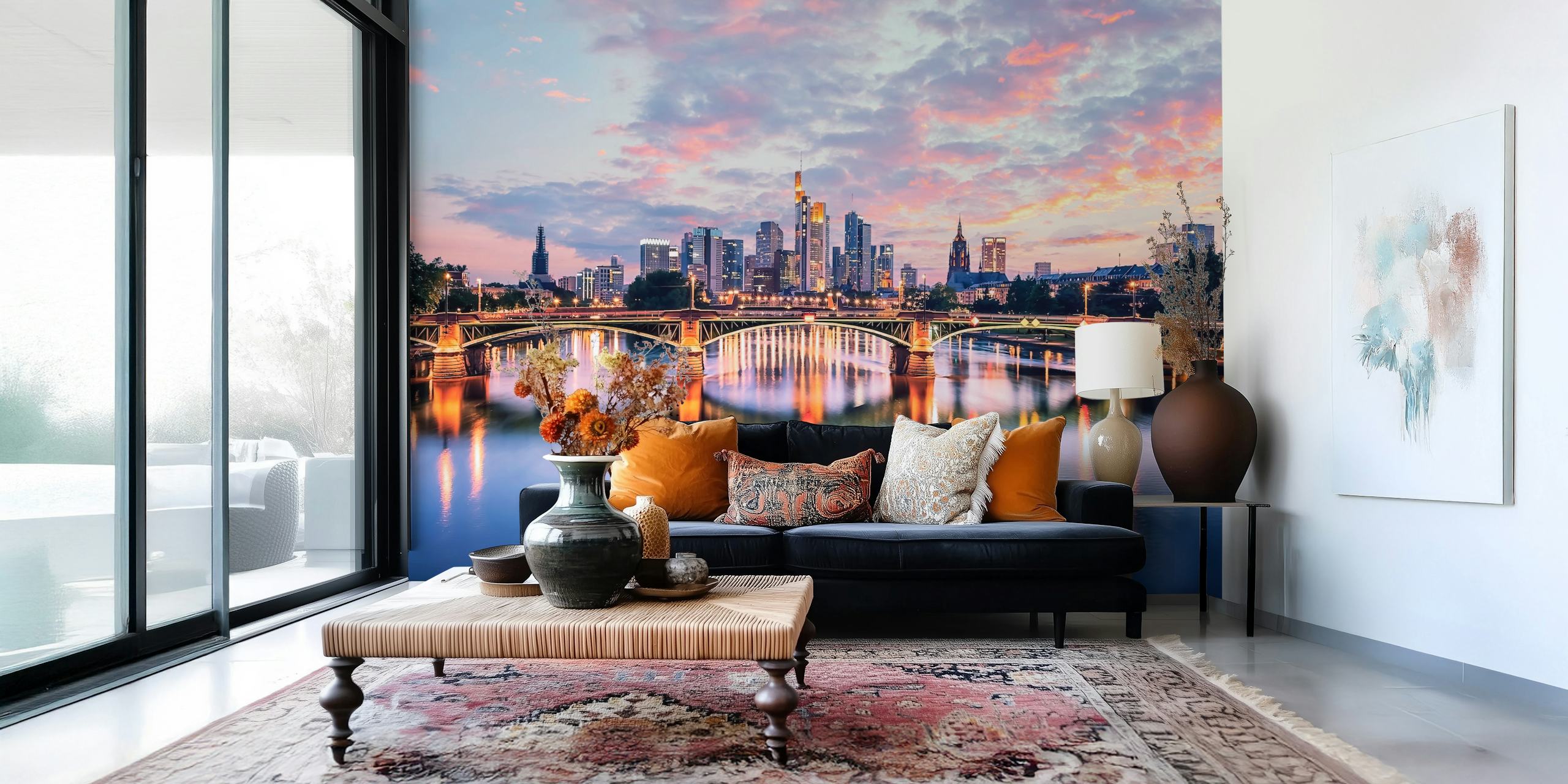 City skyline during sunset with colorful sky wallpaper