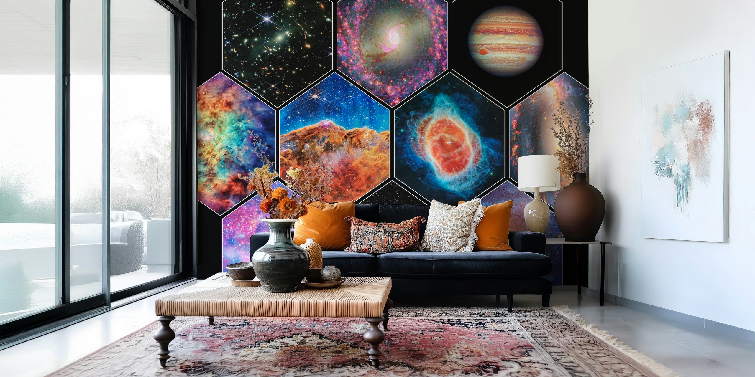 Hexagonal collage of vibrant galaxies and planets wallpaper