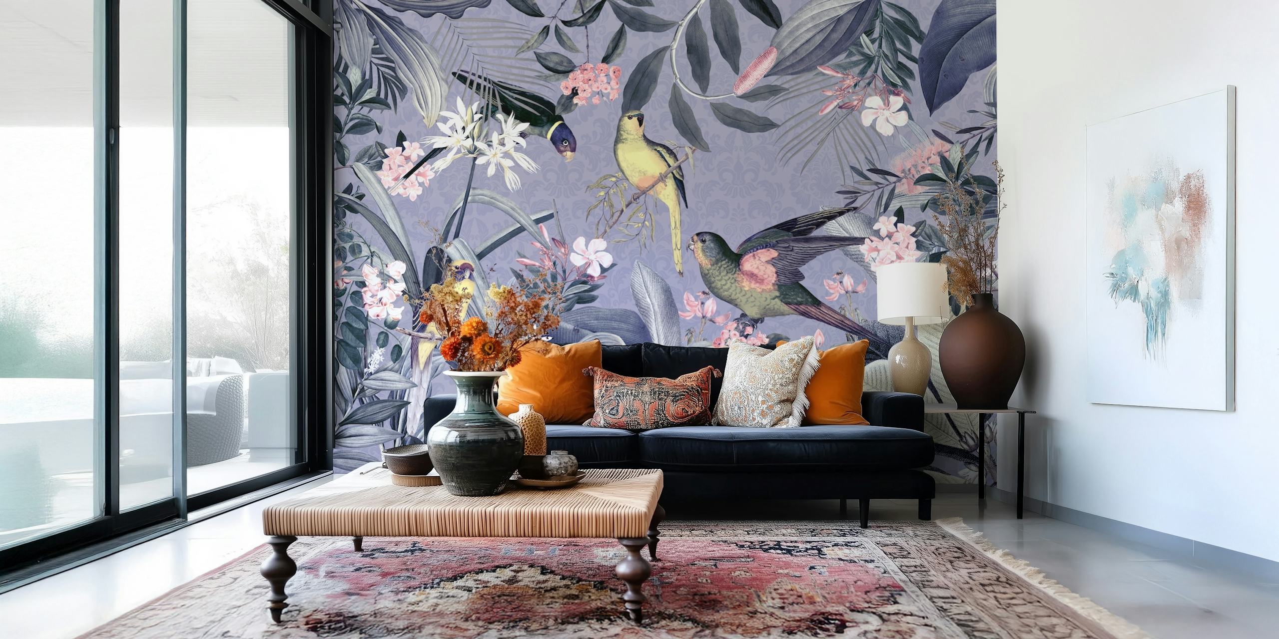 Vintage-inspired wall mural with purple hues featuring tropical birds in a moonlit rainforest jungle.