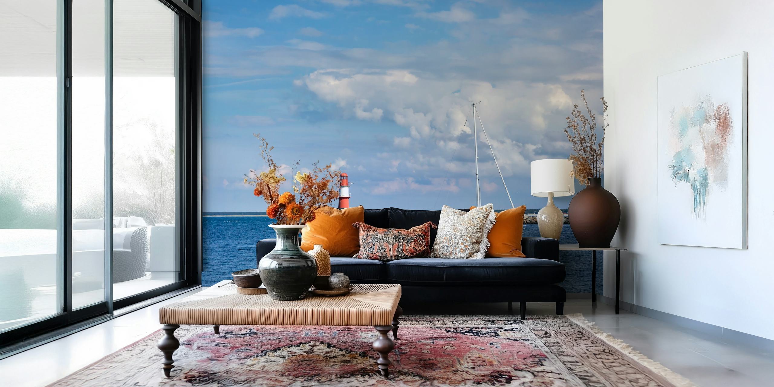 Wall mural of Baltic Sea with lighthouse and boat in North East Germany