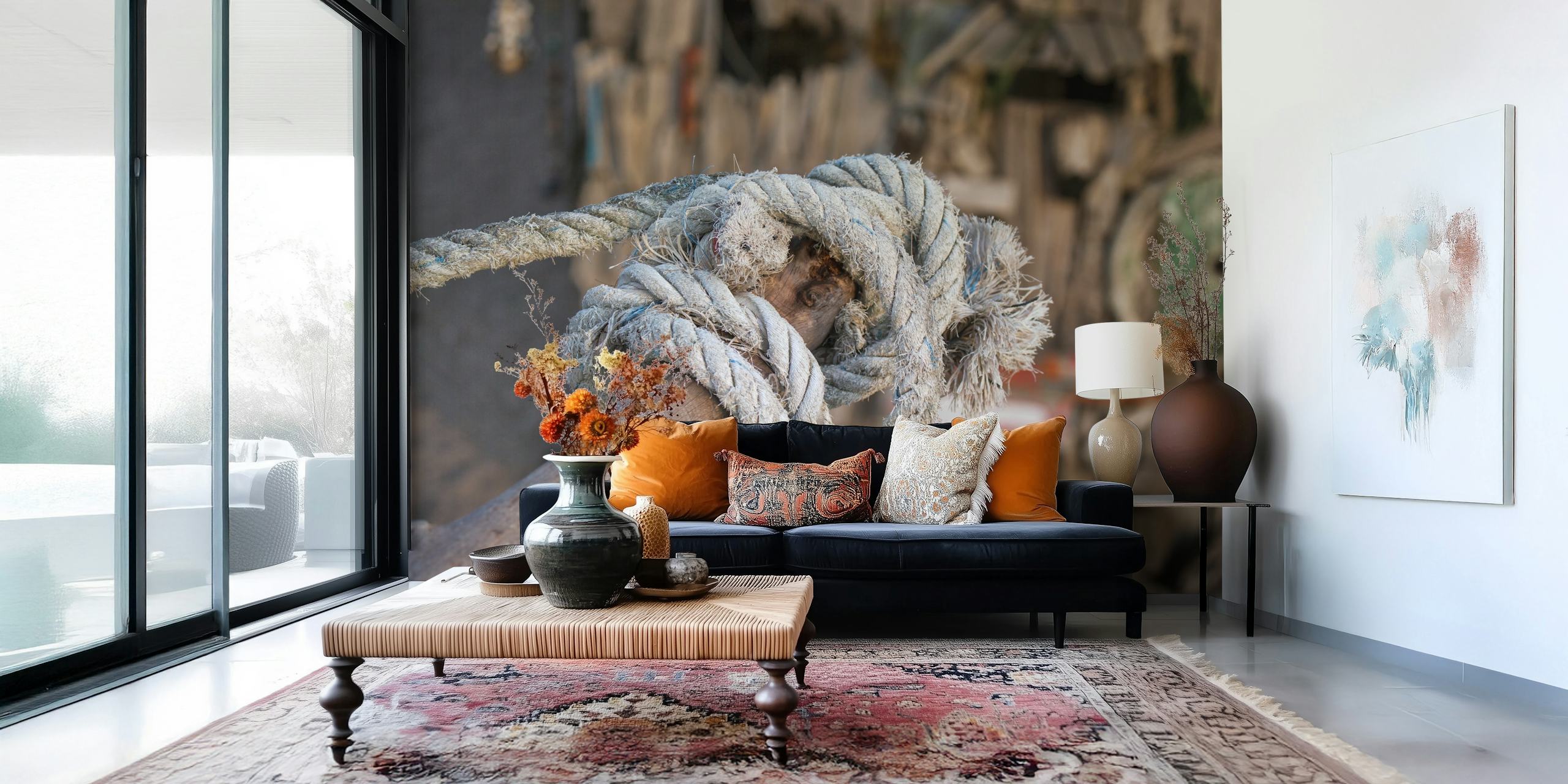 Old rope tied on driftwood wallpaper