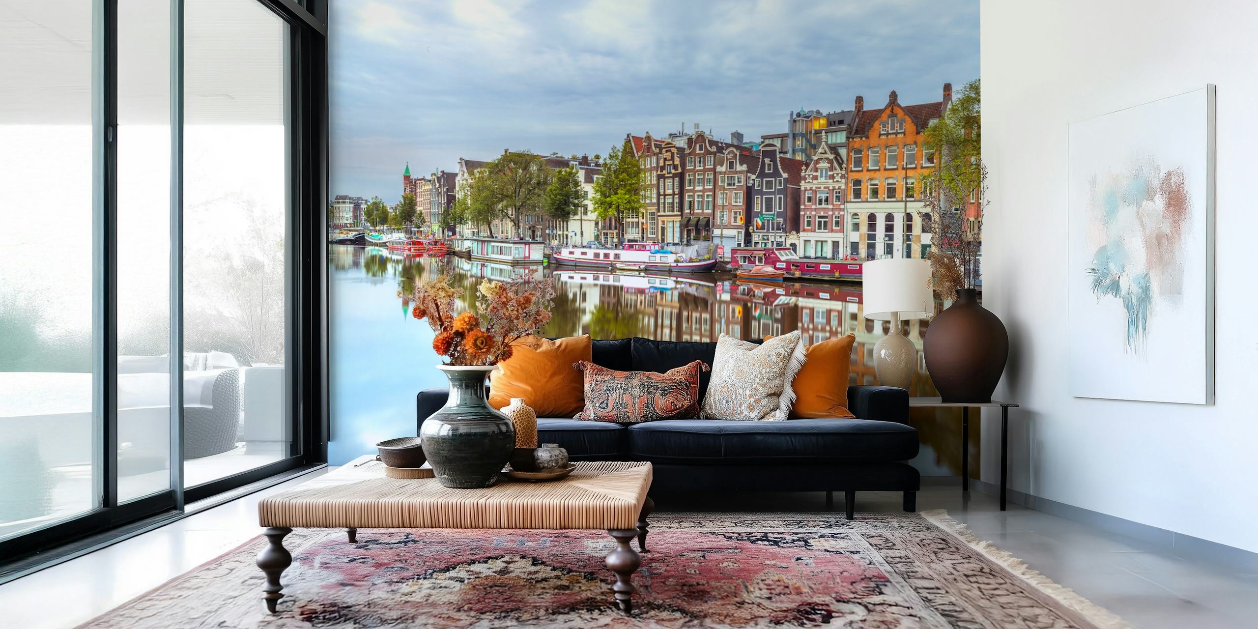 Amsterdam canal reflection wallpaper with colorful buildings and water