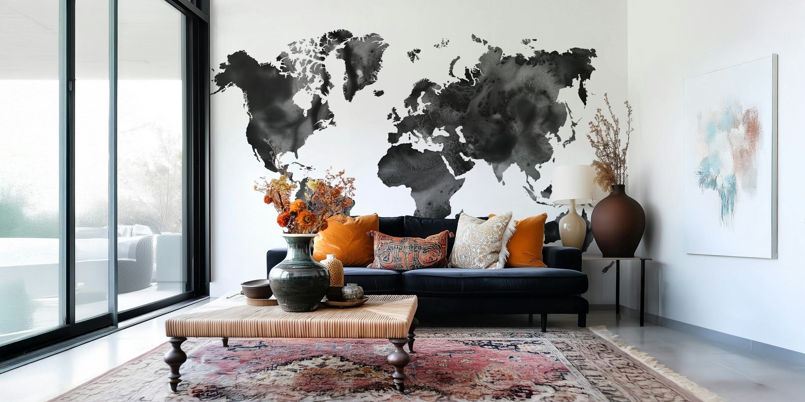 Watercolor World Map in Black en la pared