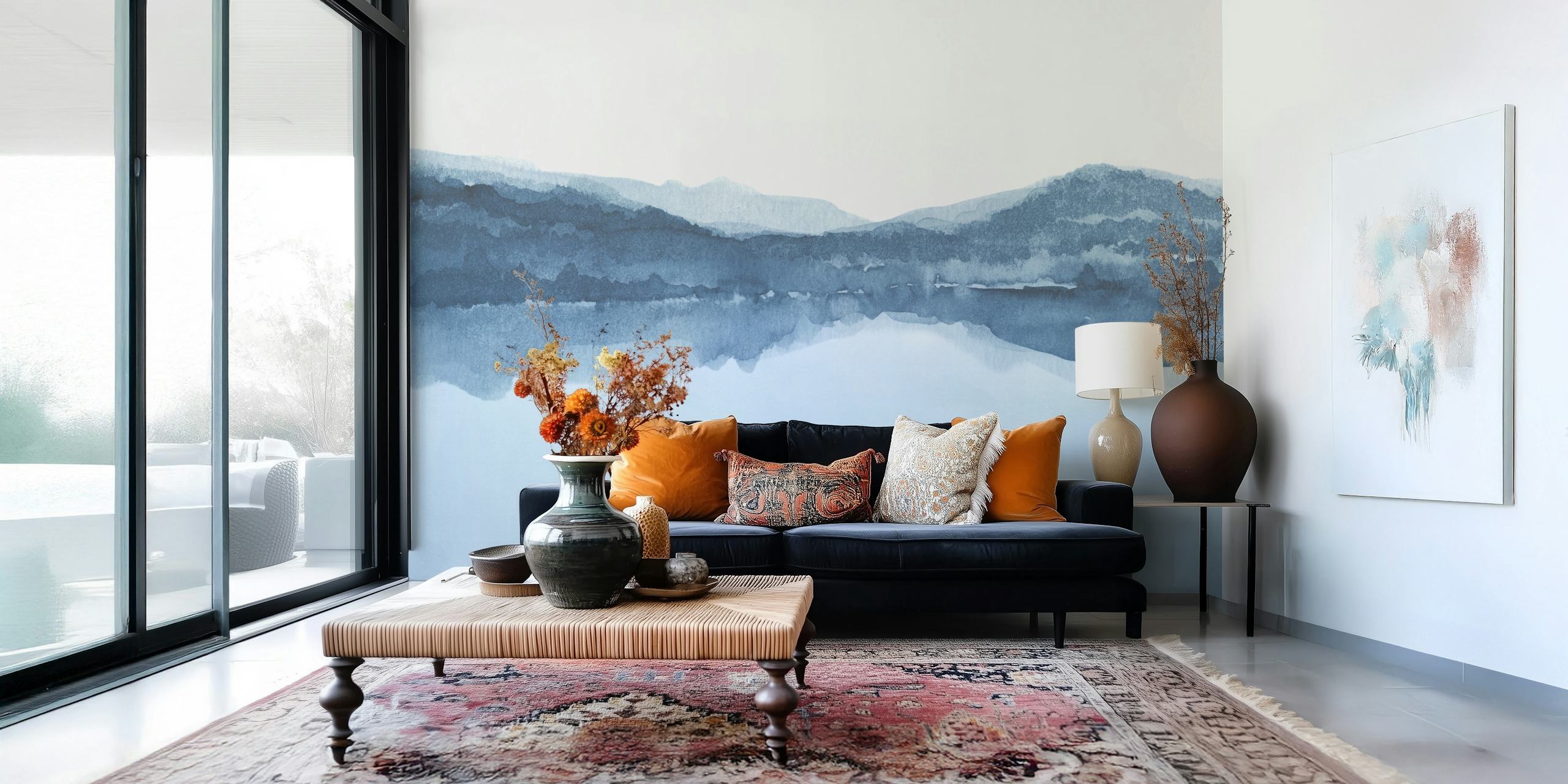Watercolor landscape with blue mountains and horizon wallpaper
