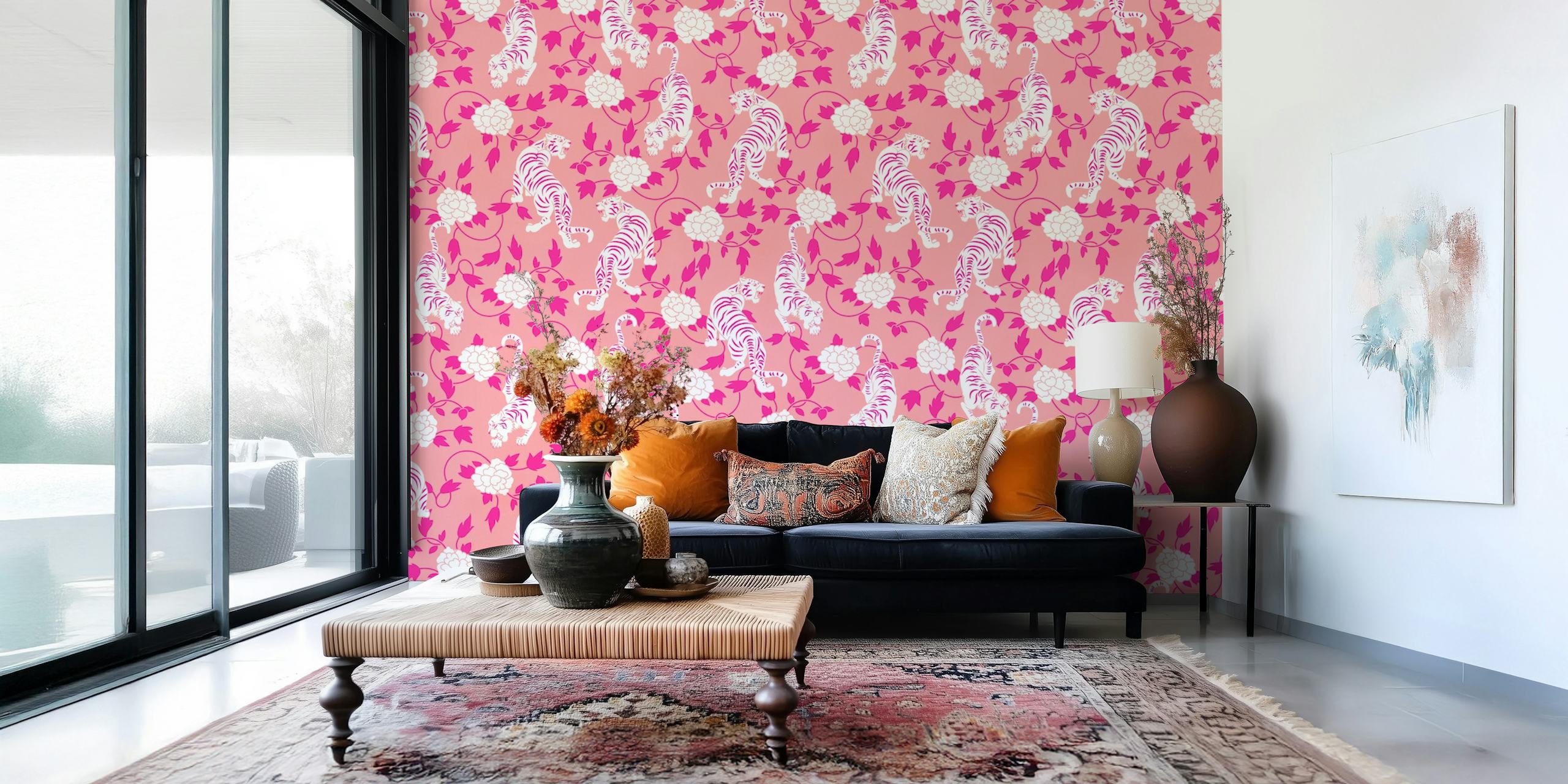 Chinese Tigers and Flowers en Blush et Magenta Hot Pink design