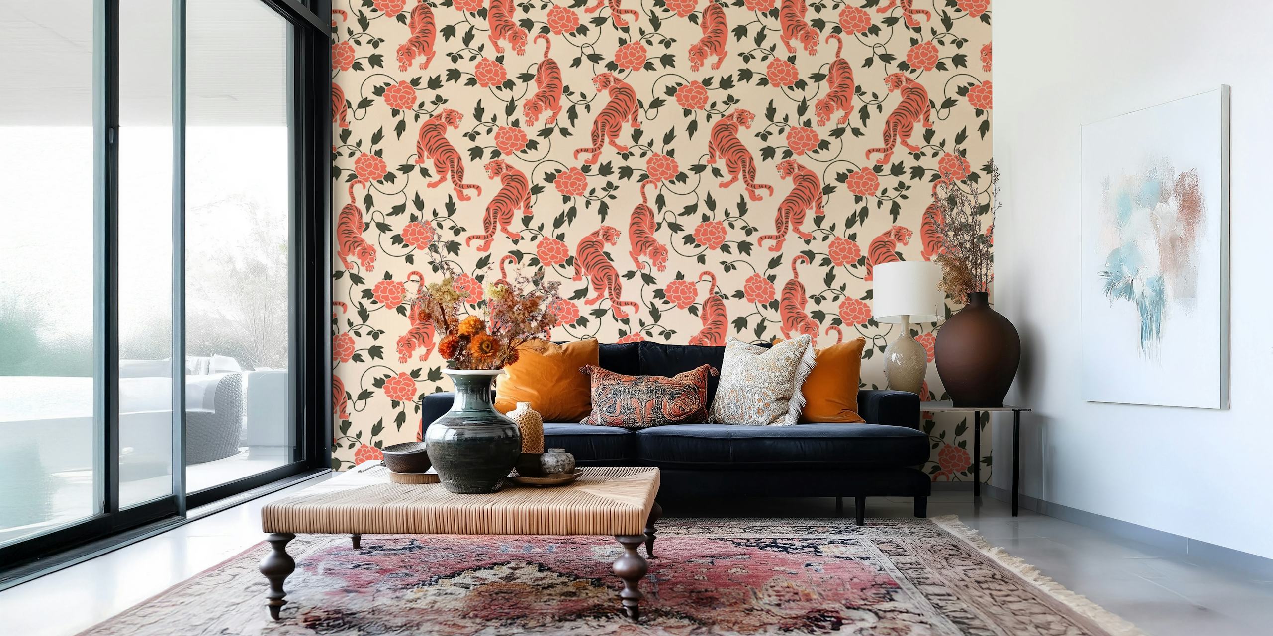 Vintage muurschildering in Chinese stijl met tijgers en bloemen op een romige achtergrond
