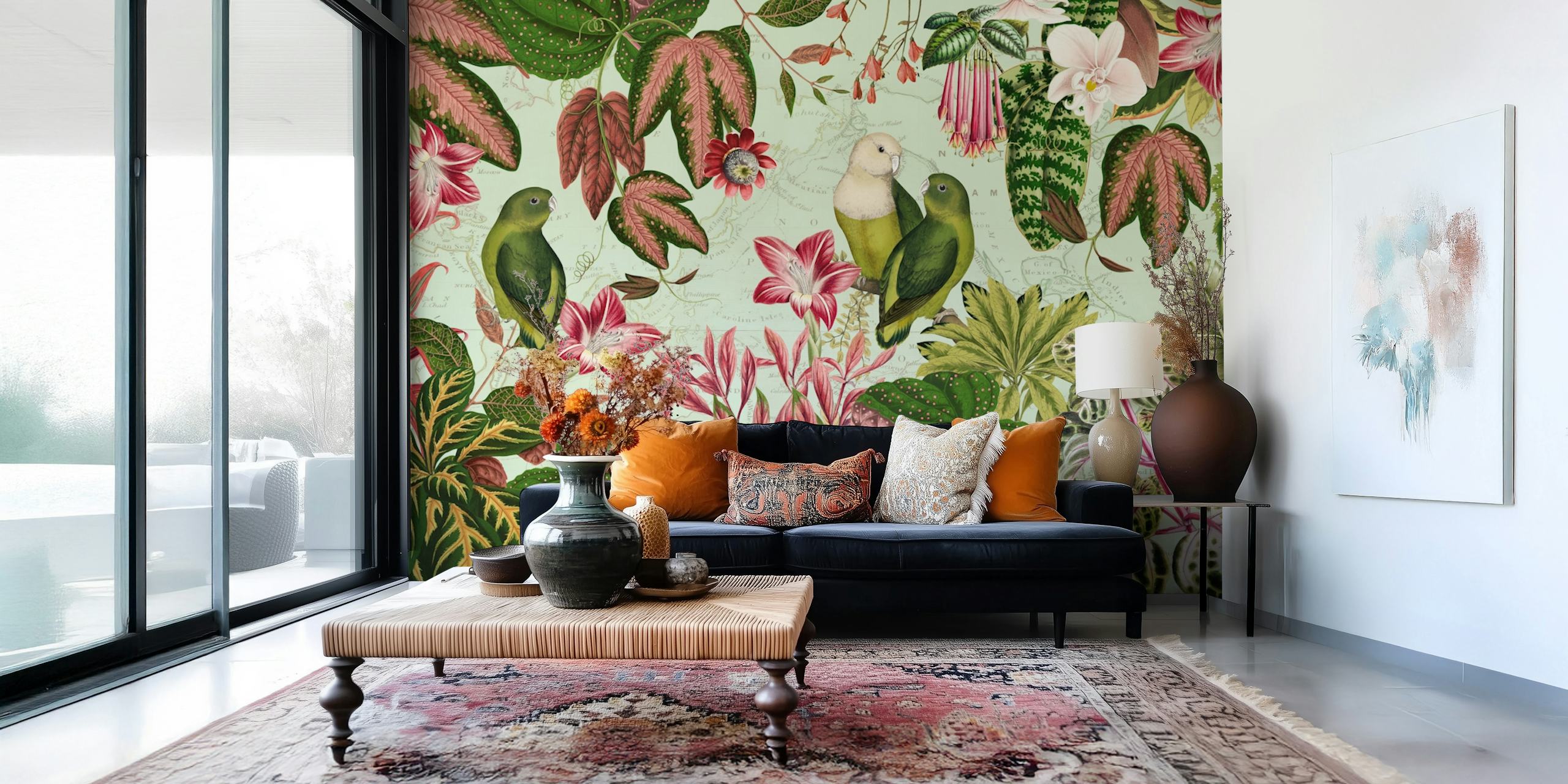 Exotic rainforest wallpaper med tropical parrots