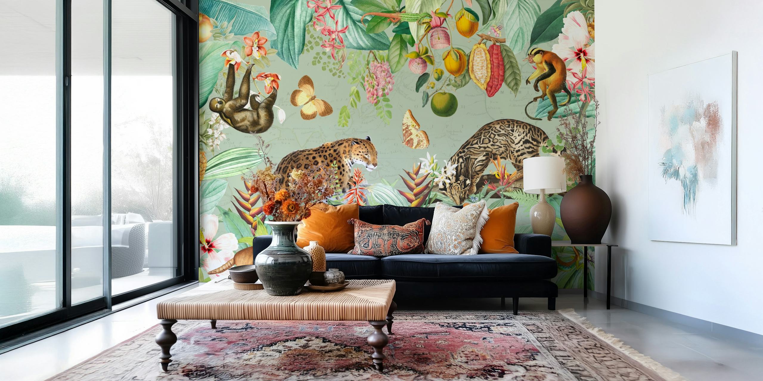 Papier peint vibrant de forêt tropicale avec des animaux exotiques
