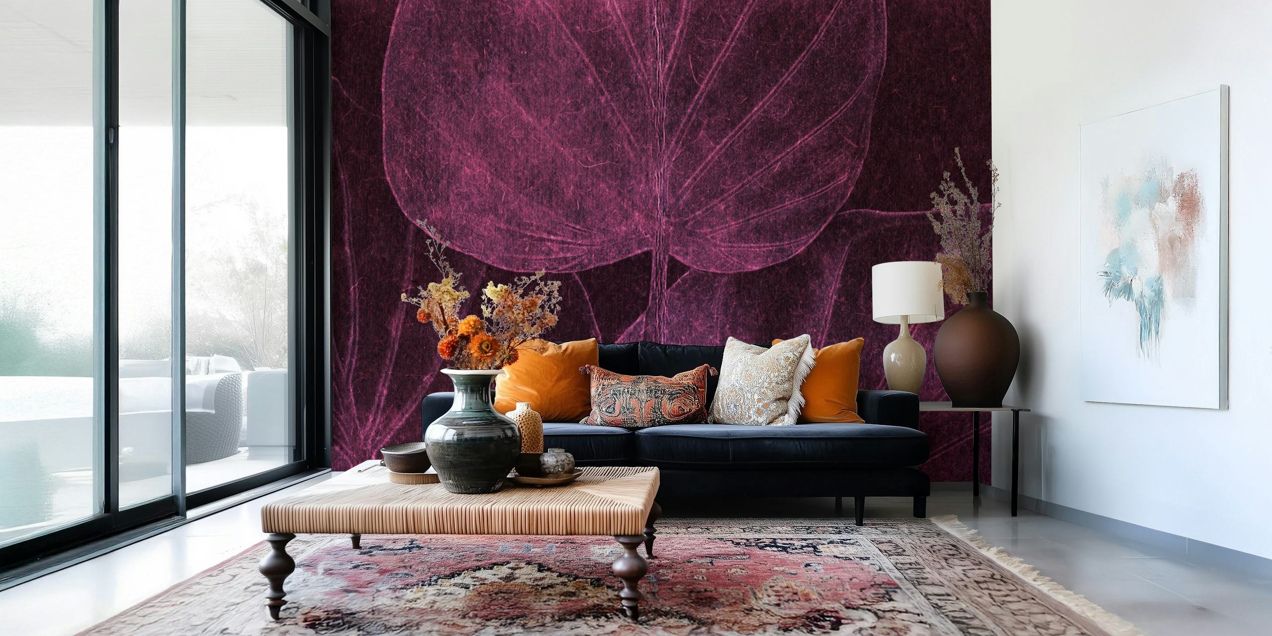 Midnight Japandi Leaf Magenta en una habitación