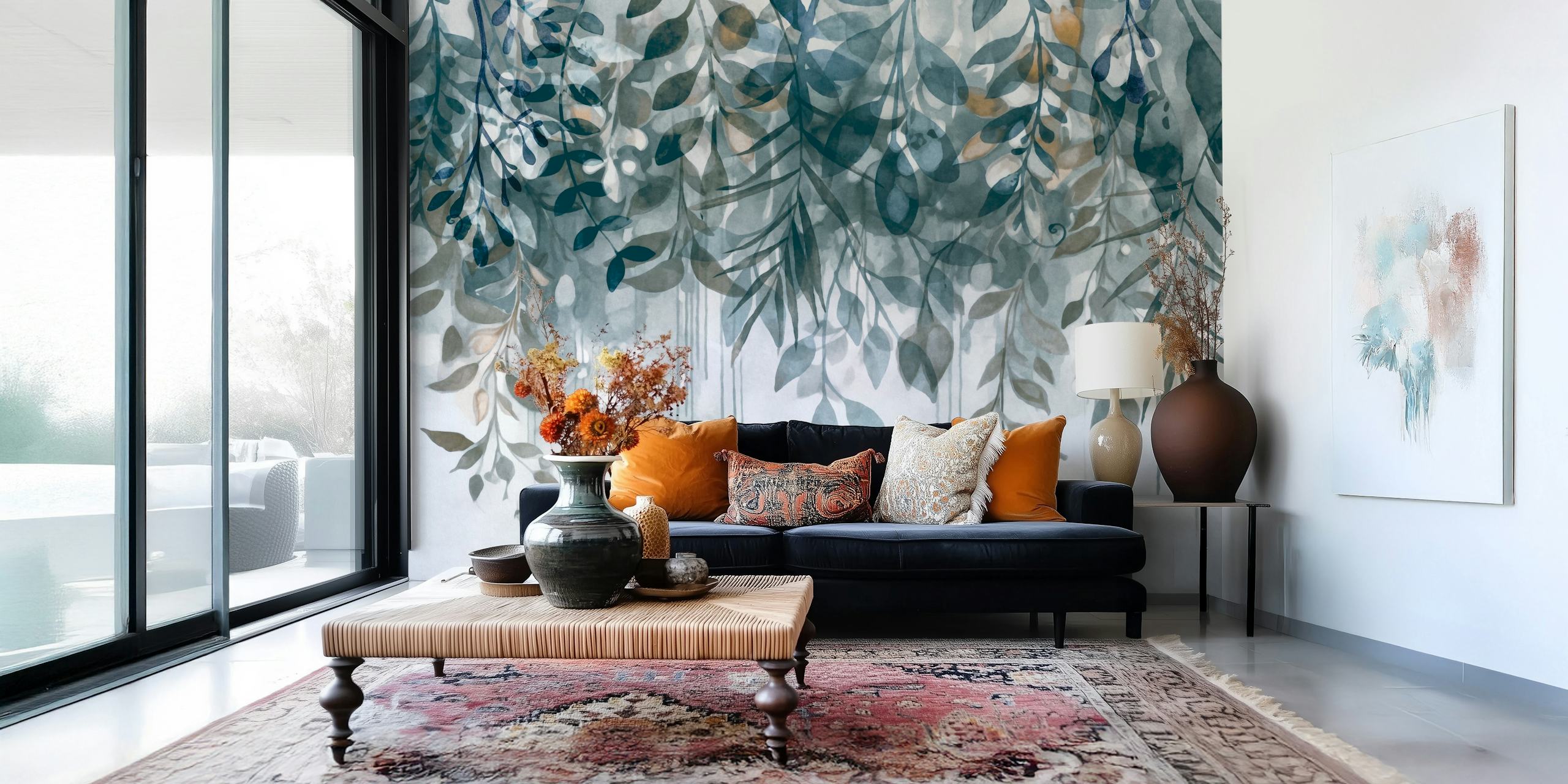 La carta da parati The Hanging Gardens Teal Grey in una stanza