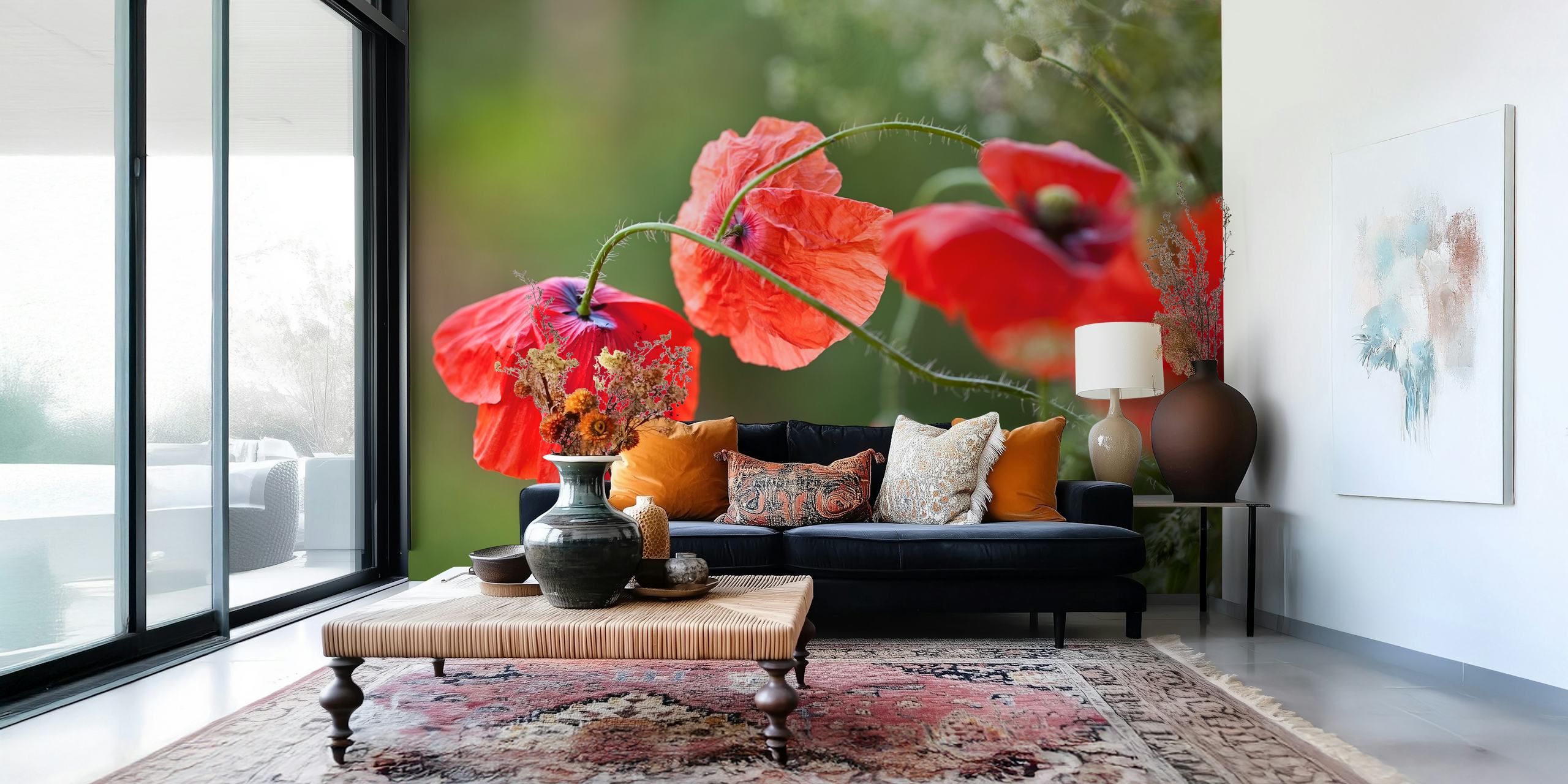 Red poppy flowers with green stems on soft background wallpaper