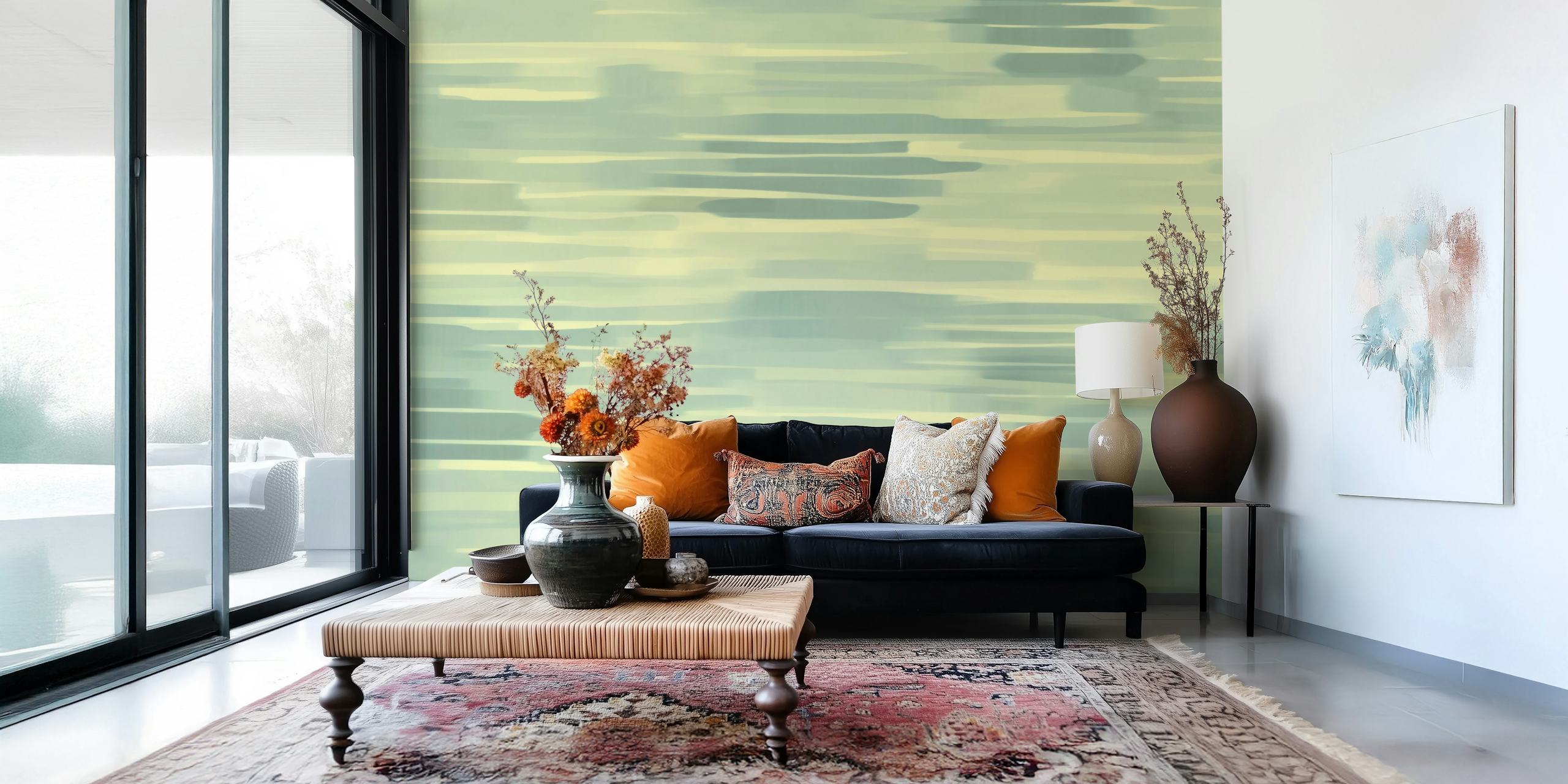 Pastel brush stroke wallpaper in green and yellow hues, abstract design
