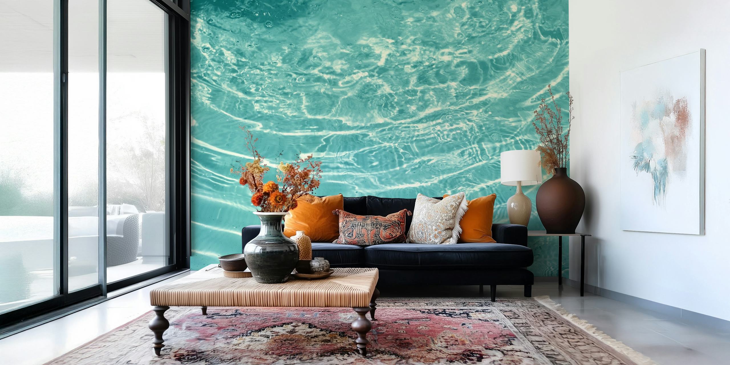 Turkoois watermuurschildering met zachte rimpelingen die een rustgevend effect creëren.
