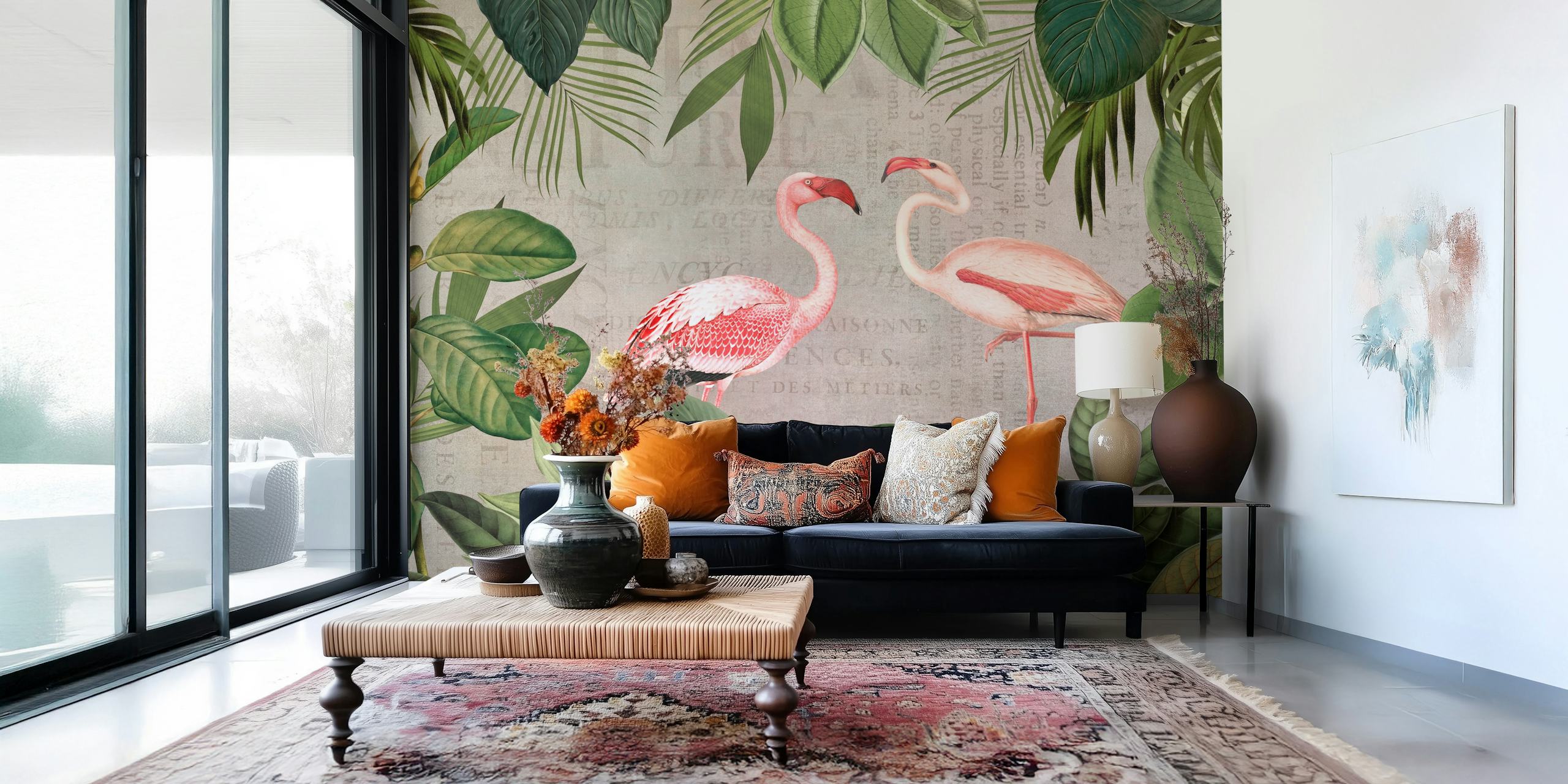 Vintage flamingo wallpaper design with greenery