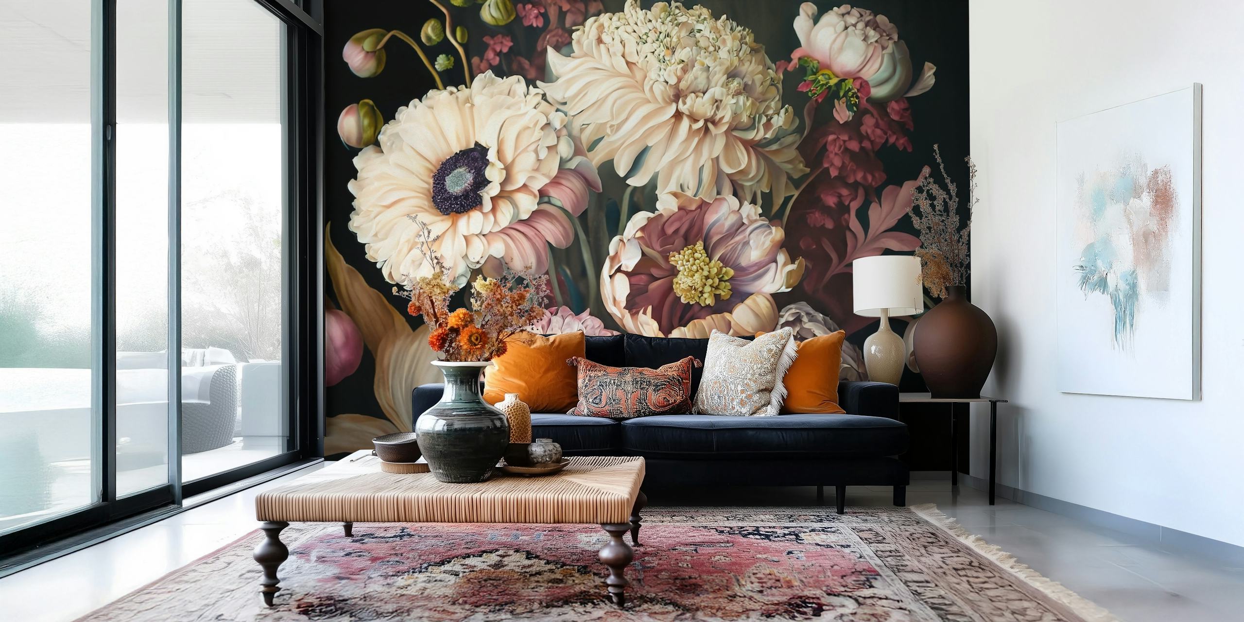 Large floral composition in soft colors on black wallpaper