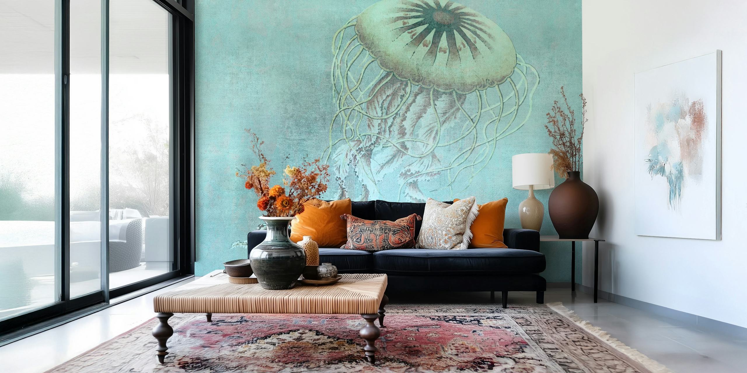 Turquoise jellyfish wallpaper displayed in a room