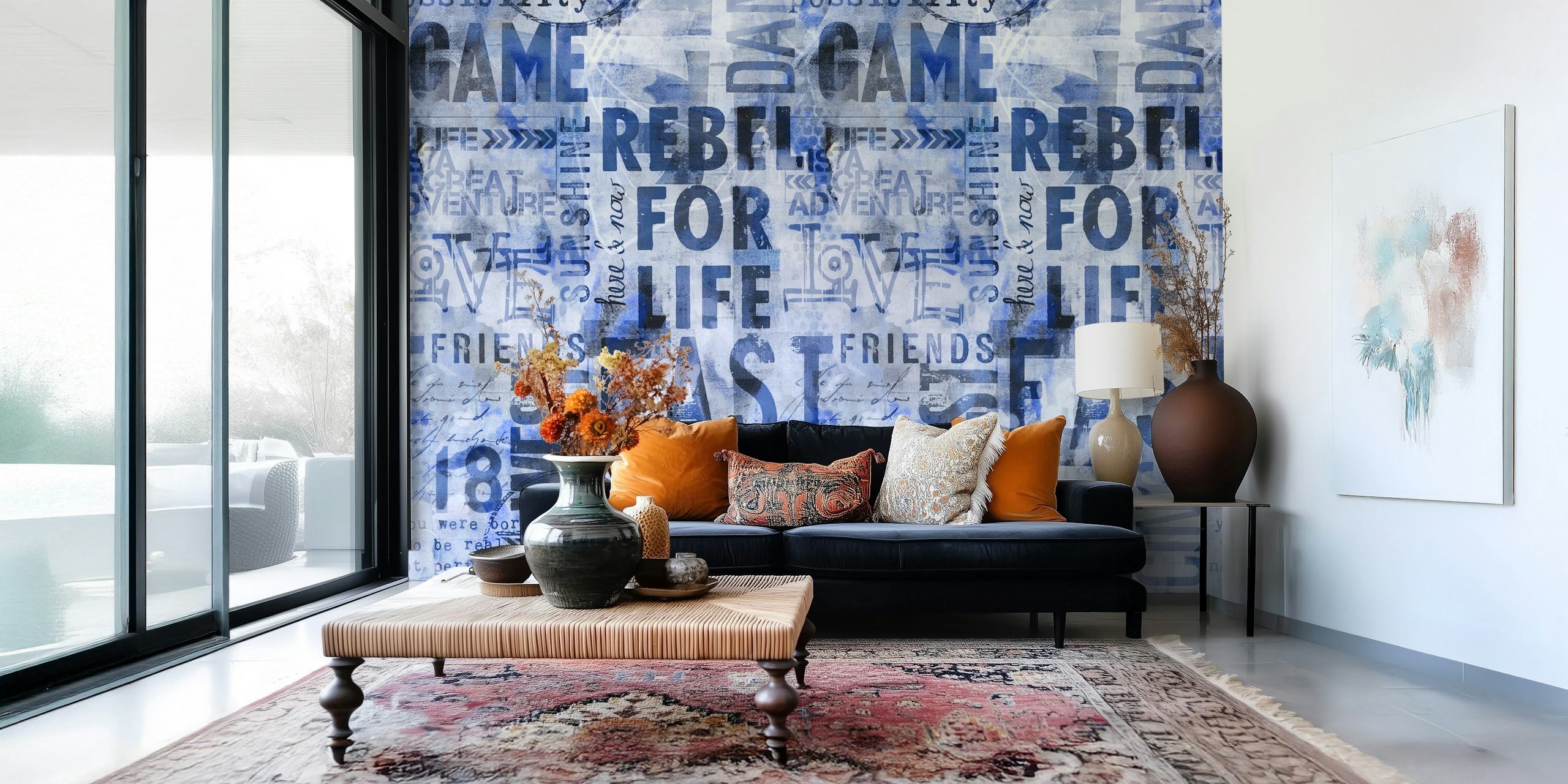 Navy blue grunge typography wallpaper with various text elements