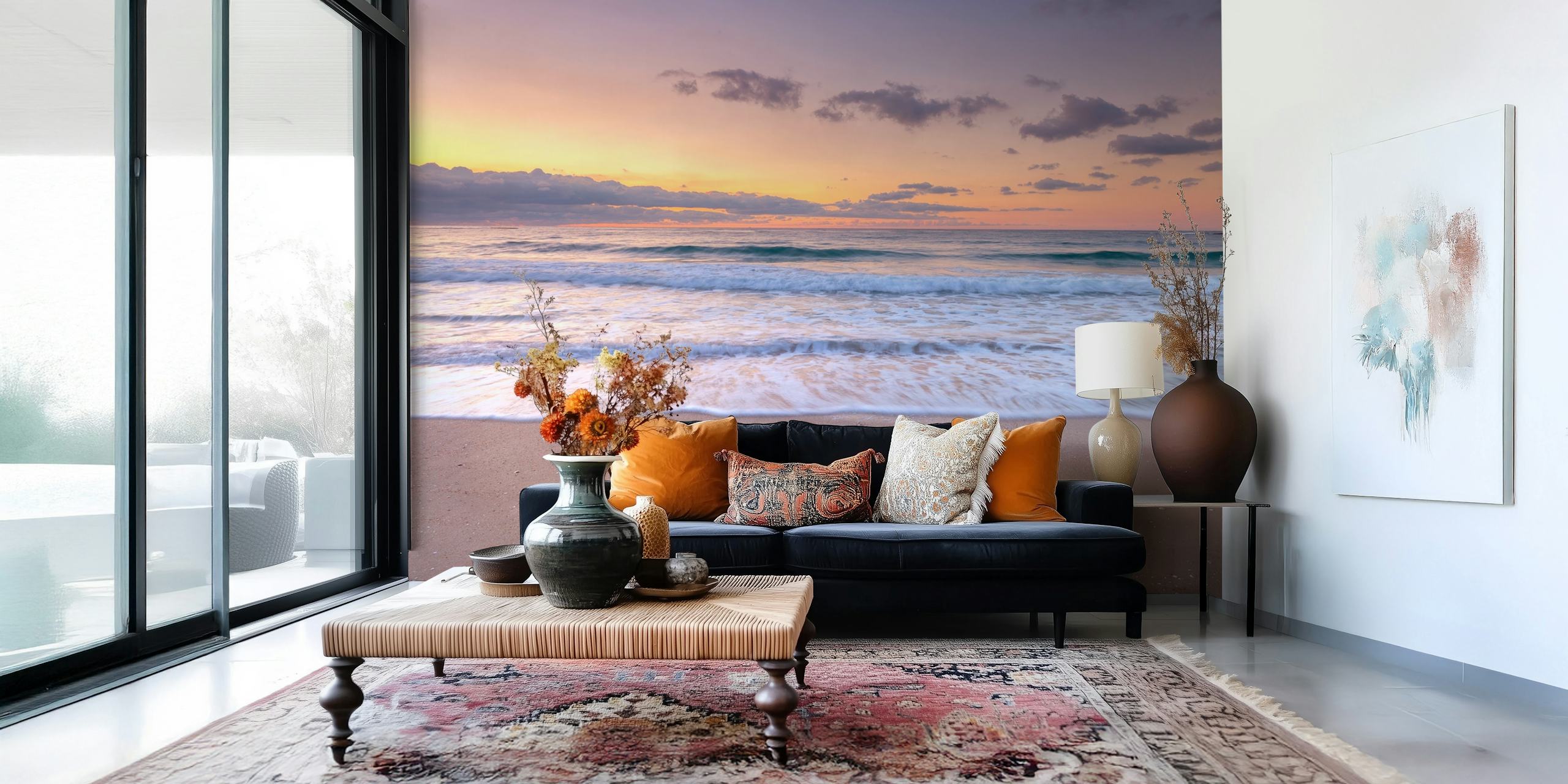Ocean sunset with waves and sandy beach wallpaper