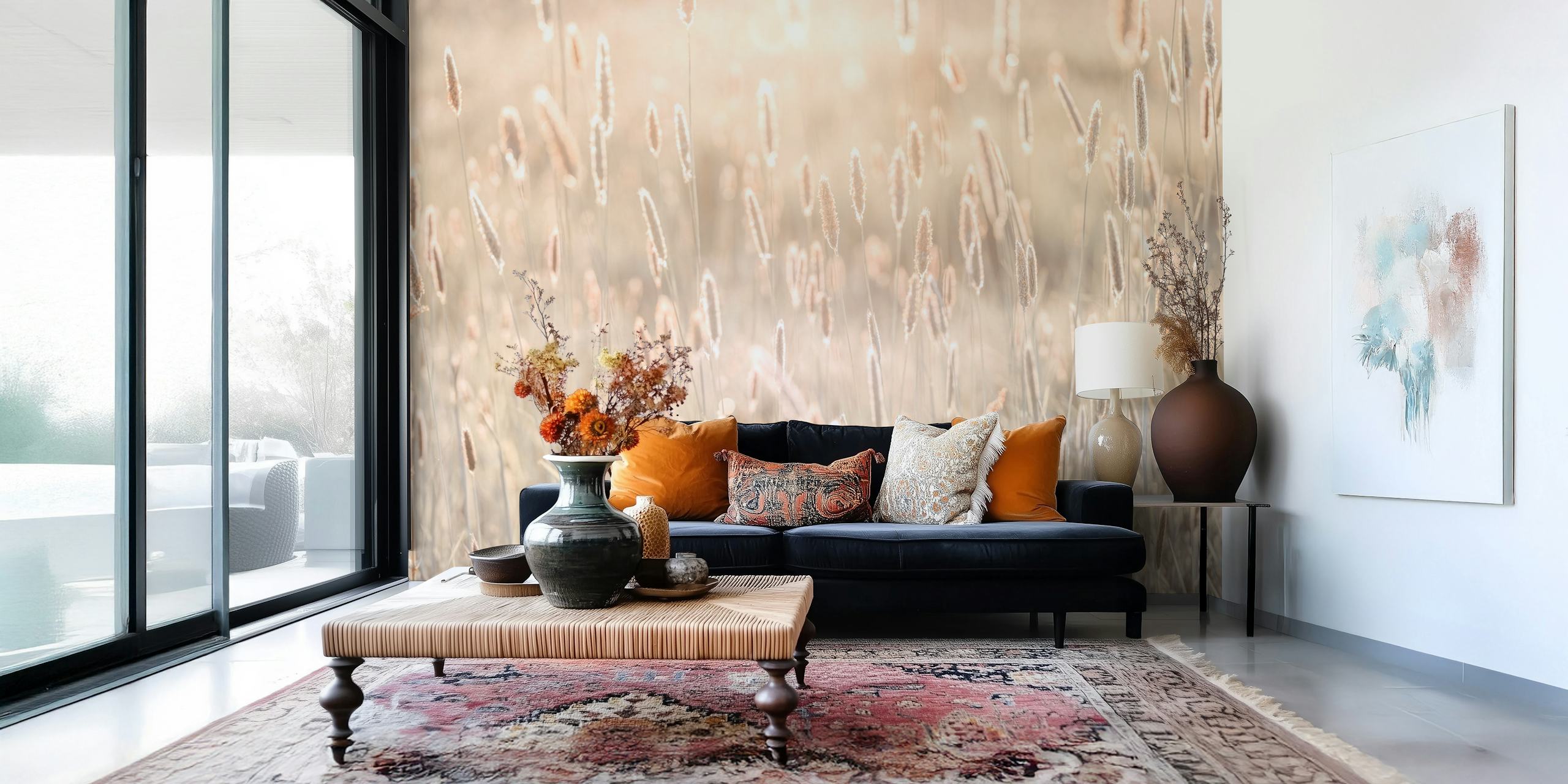 Delicate grass stalks in warm beige tones wallpaper