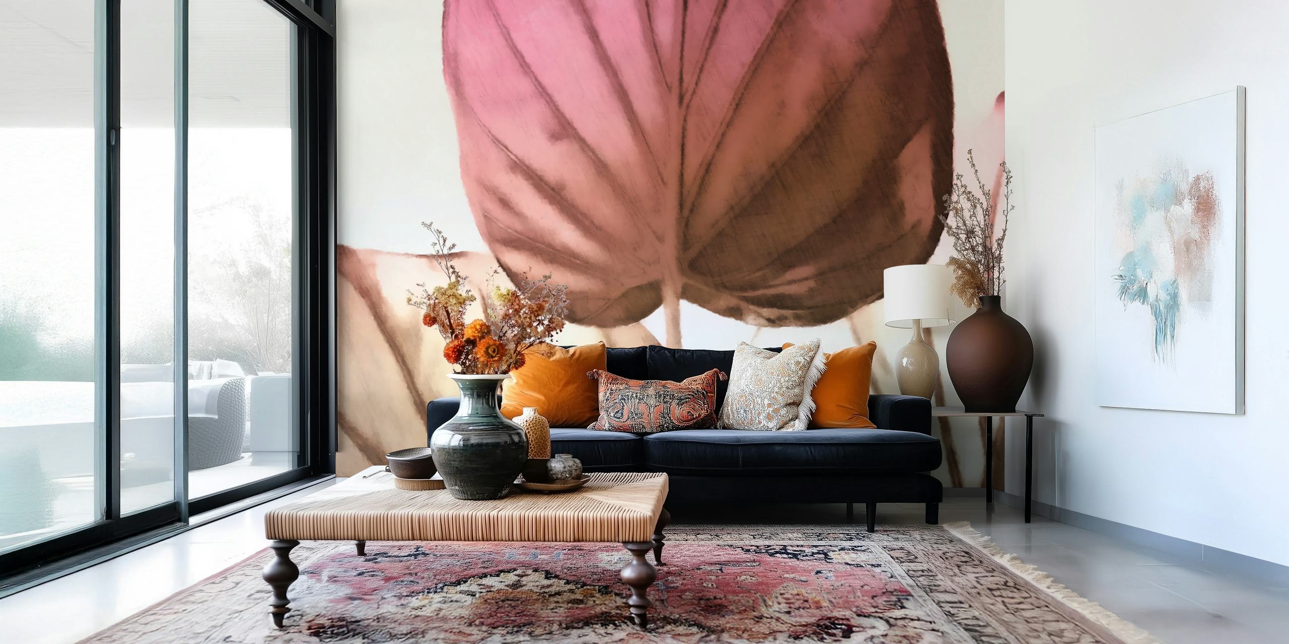 Stylish soft warm JAPANDI leaf design wallpaper in muted tones.