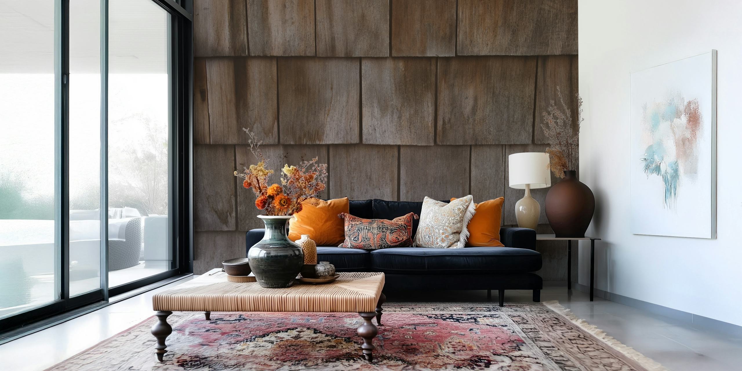 Rustic wood panel wallpaper in room setting