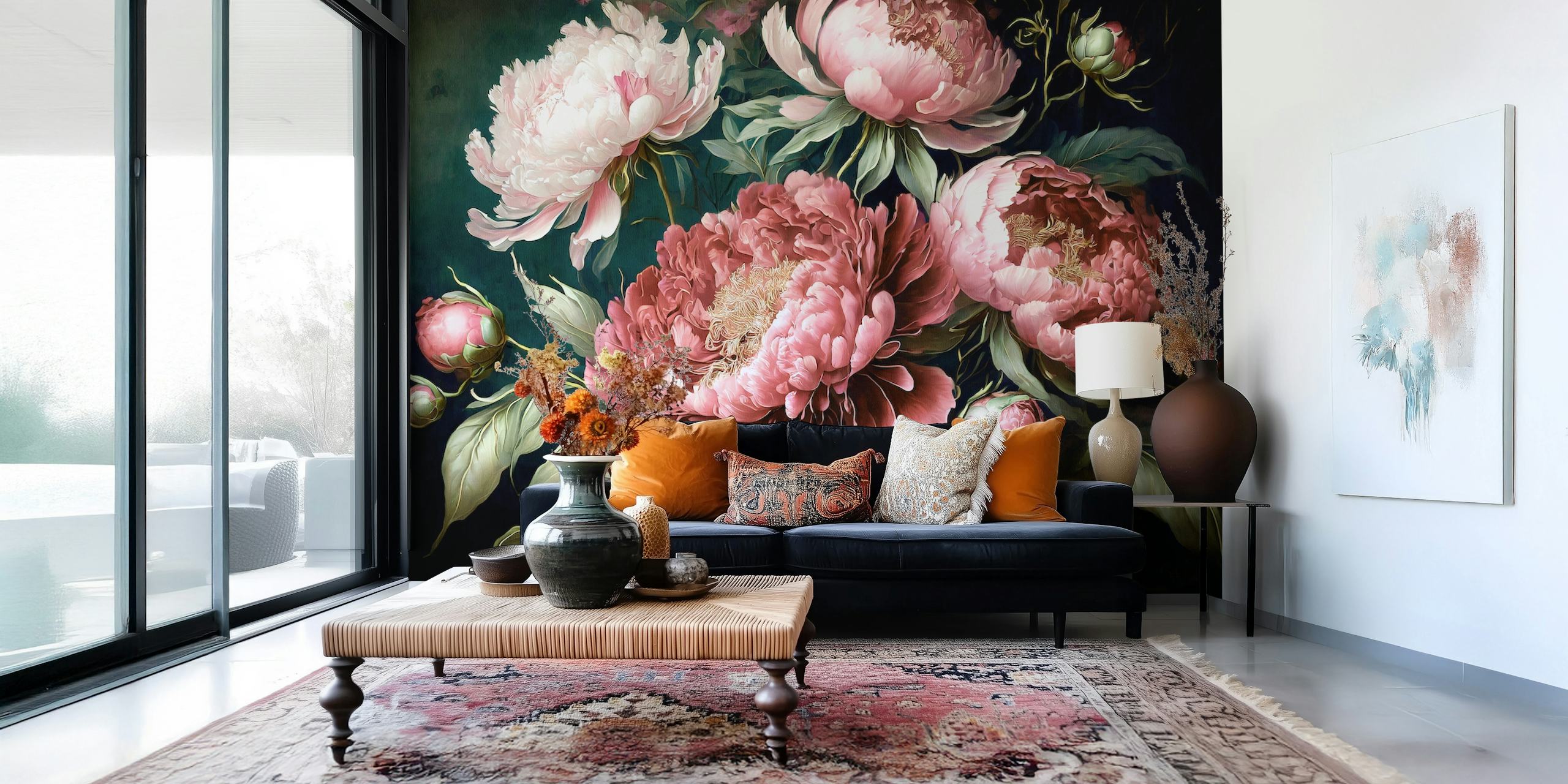 Pink peonies with green leaves on a dark background wallpaper