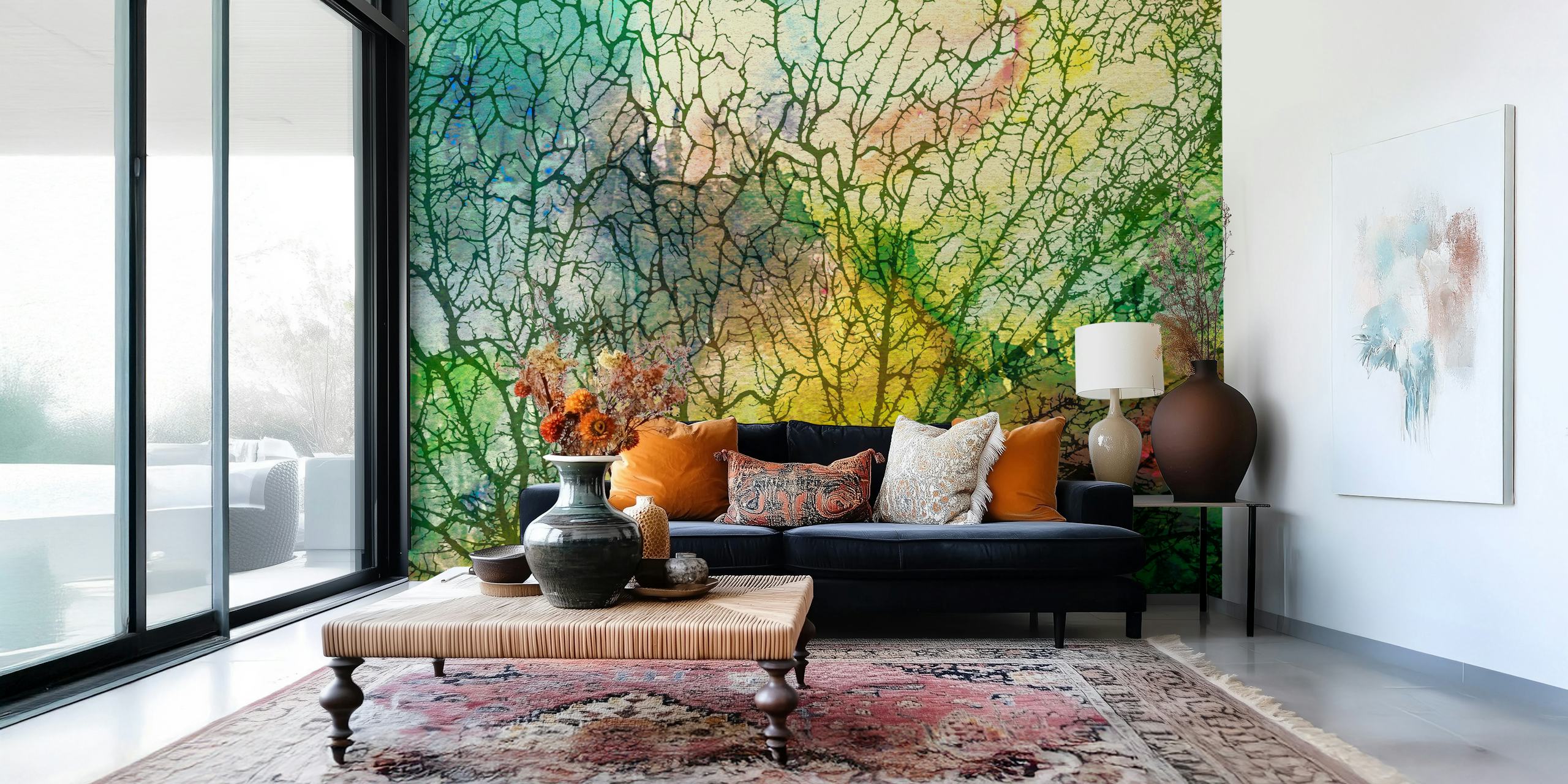 Watercolor tree branches in green and vibrant colors wallpaper