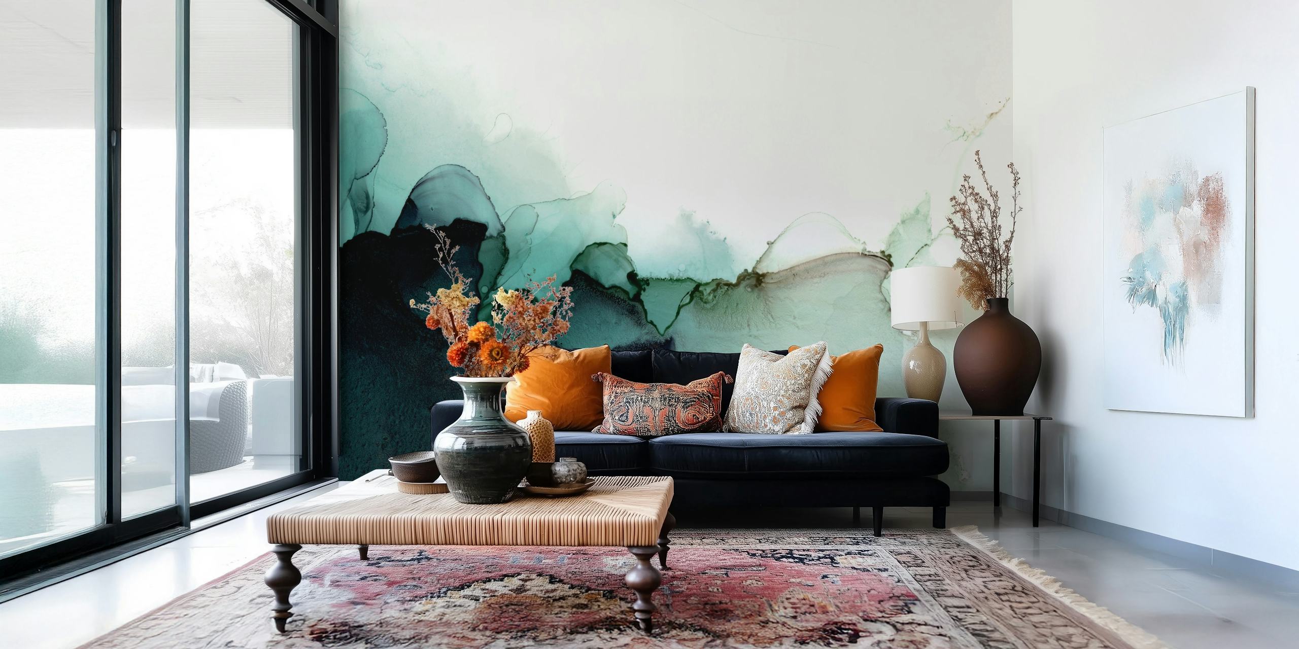Abstract Green Flow wall mural with emerald and pastel colors blending softly
