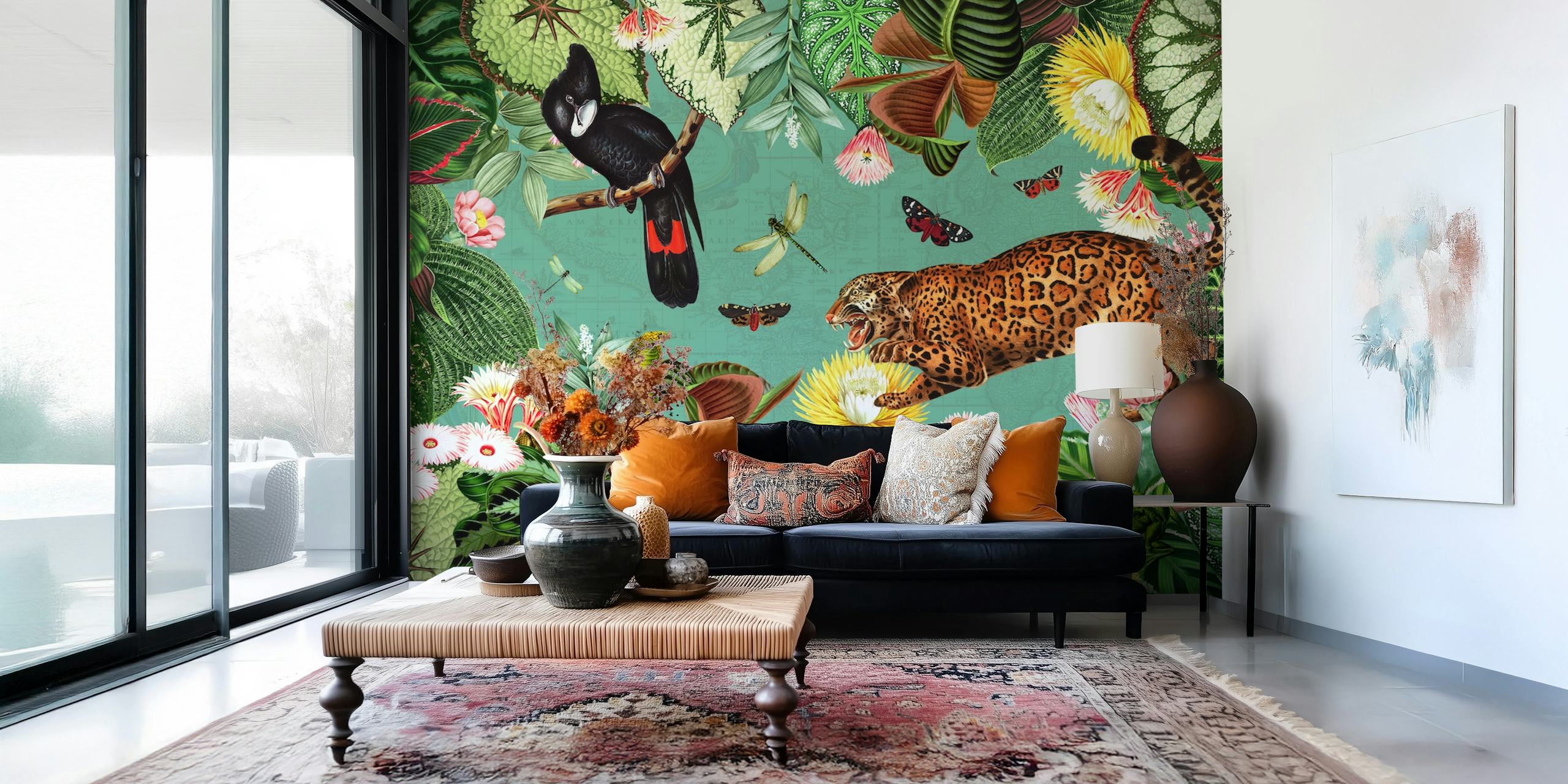 Tropical jungle landscape wallpaper with leopard, birds, and flowers in vibrant green tones