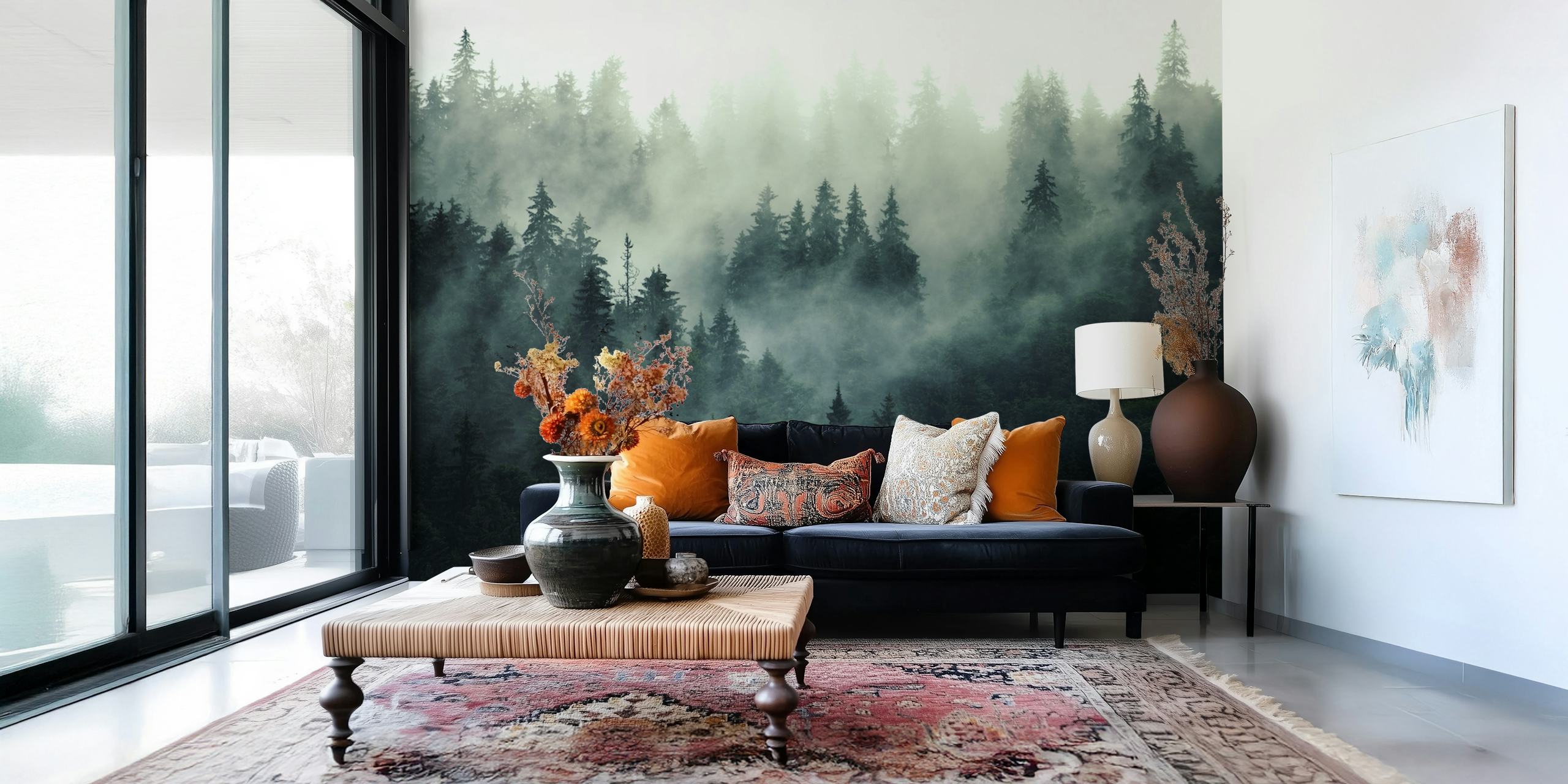 Misty forest scene with tall evergreen trees and fog wallpaper