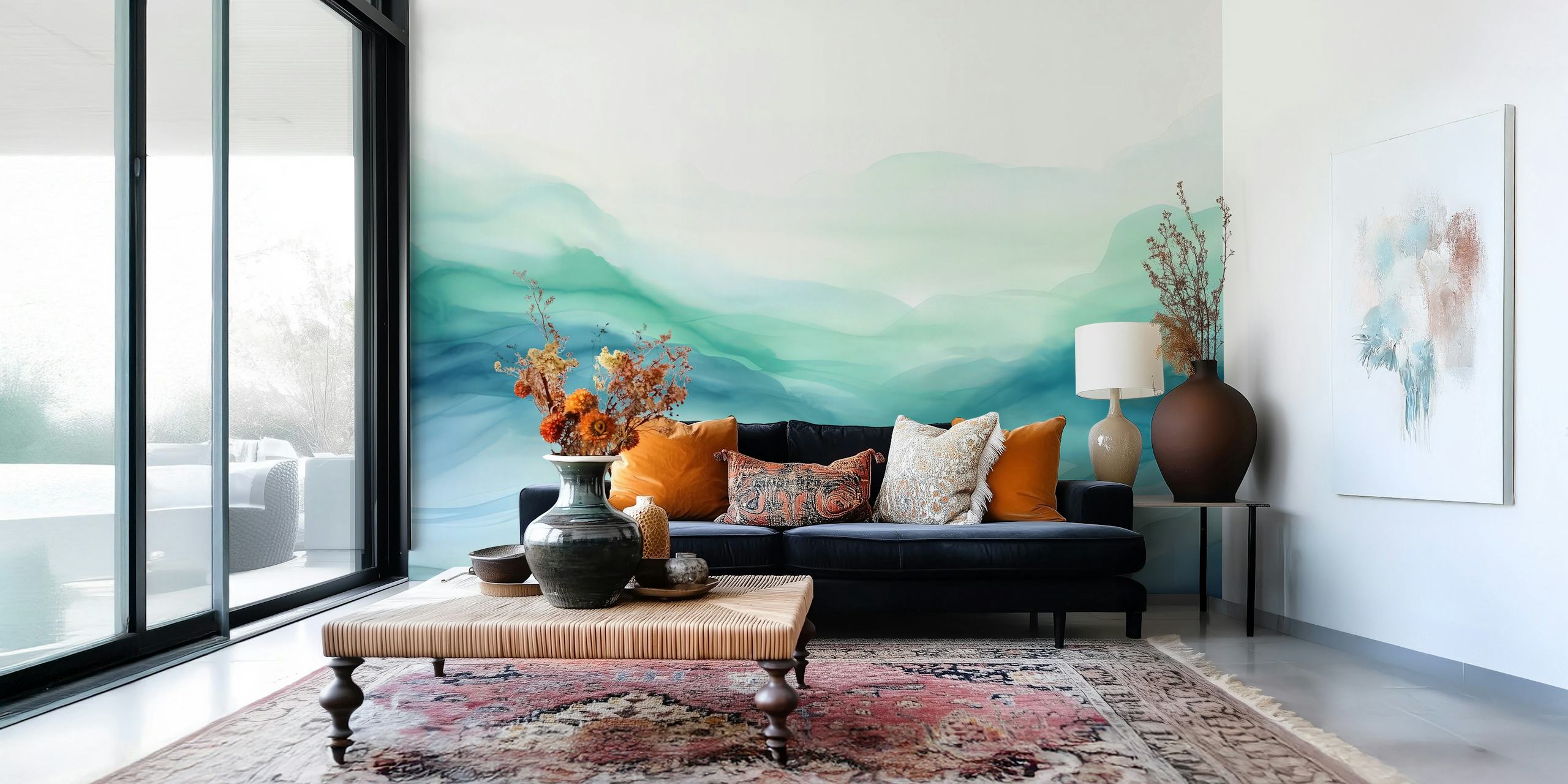 Soft blue and green layered watercolor hills wallpaper