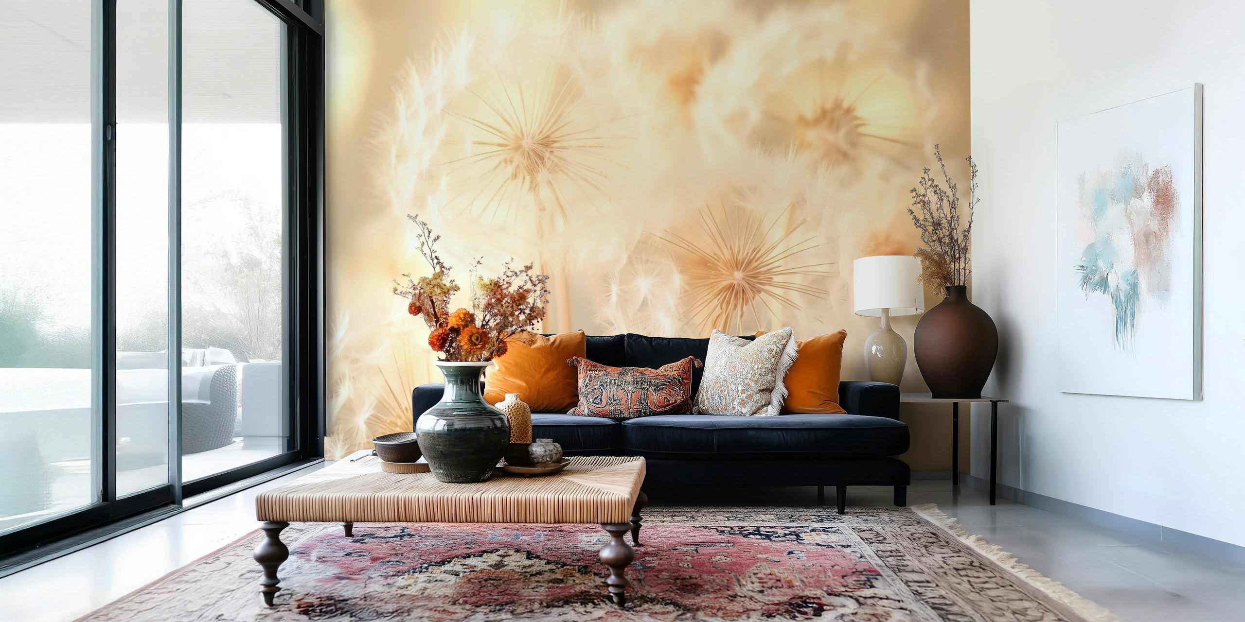Whimsical dandelion wallpaper in a room