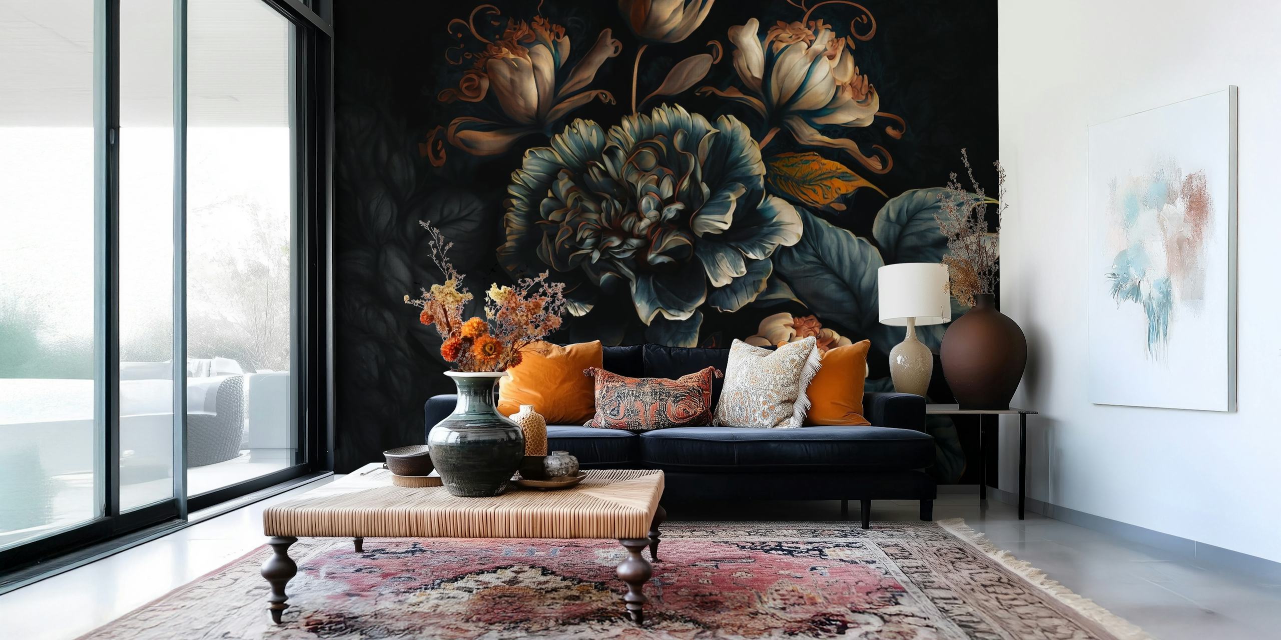 Large baroque style night flowers in dark hues wallpaper