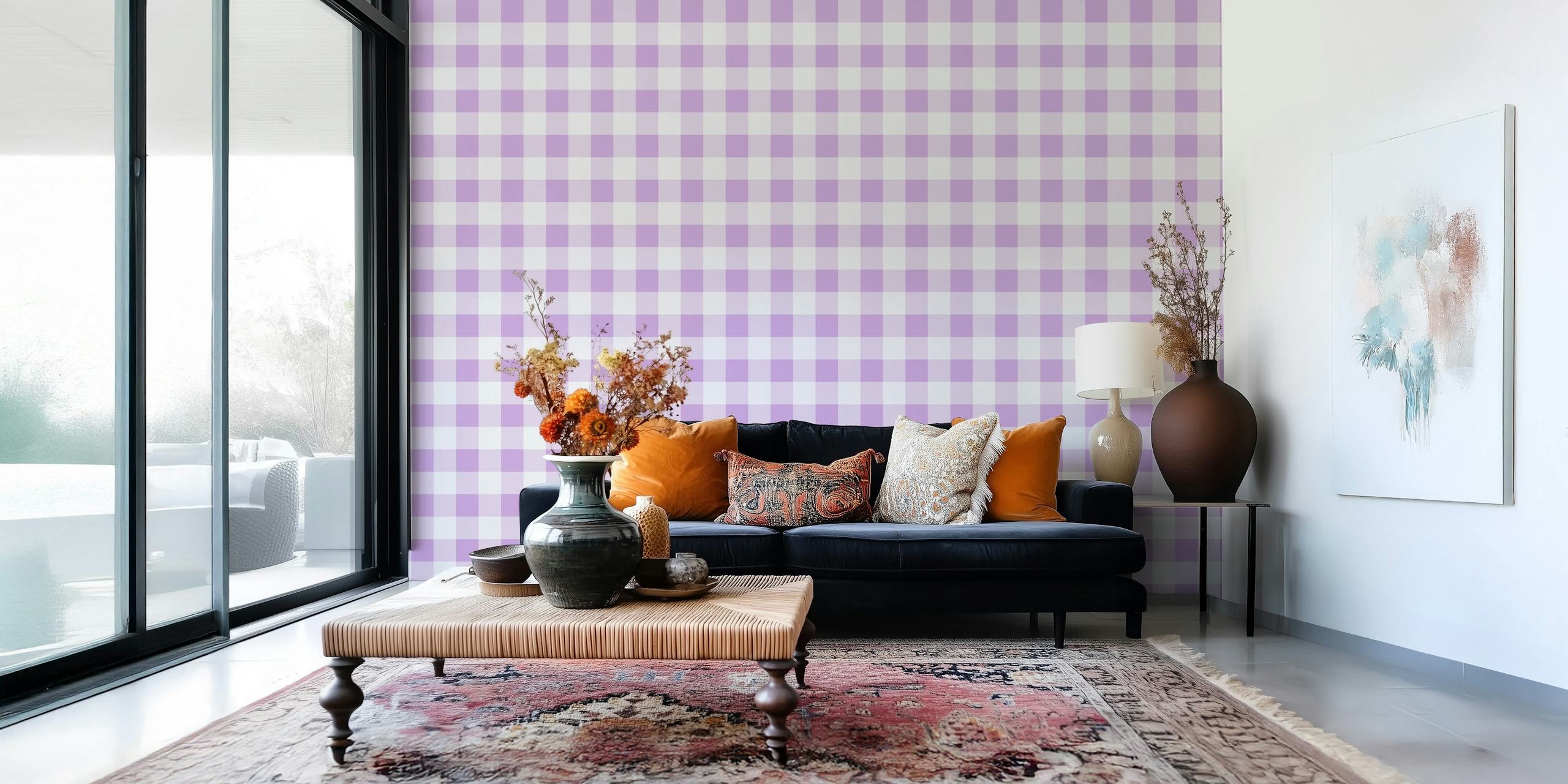 Lilac gingham pattern wallpaper with light purple squares