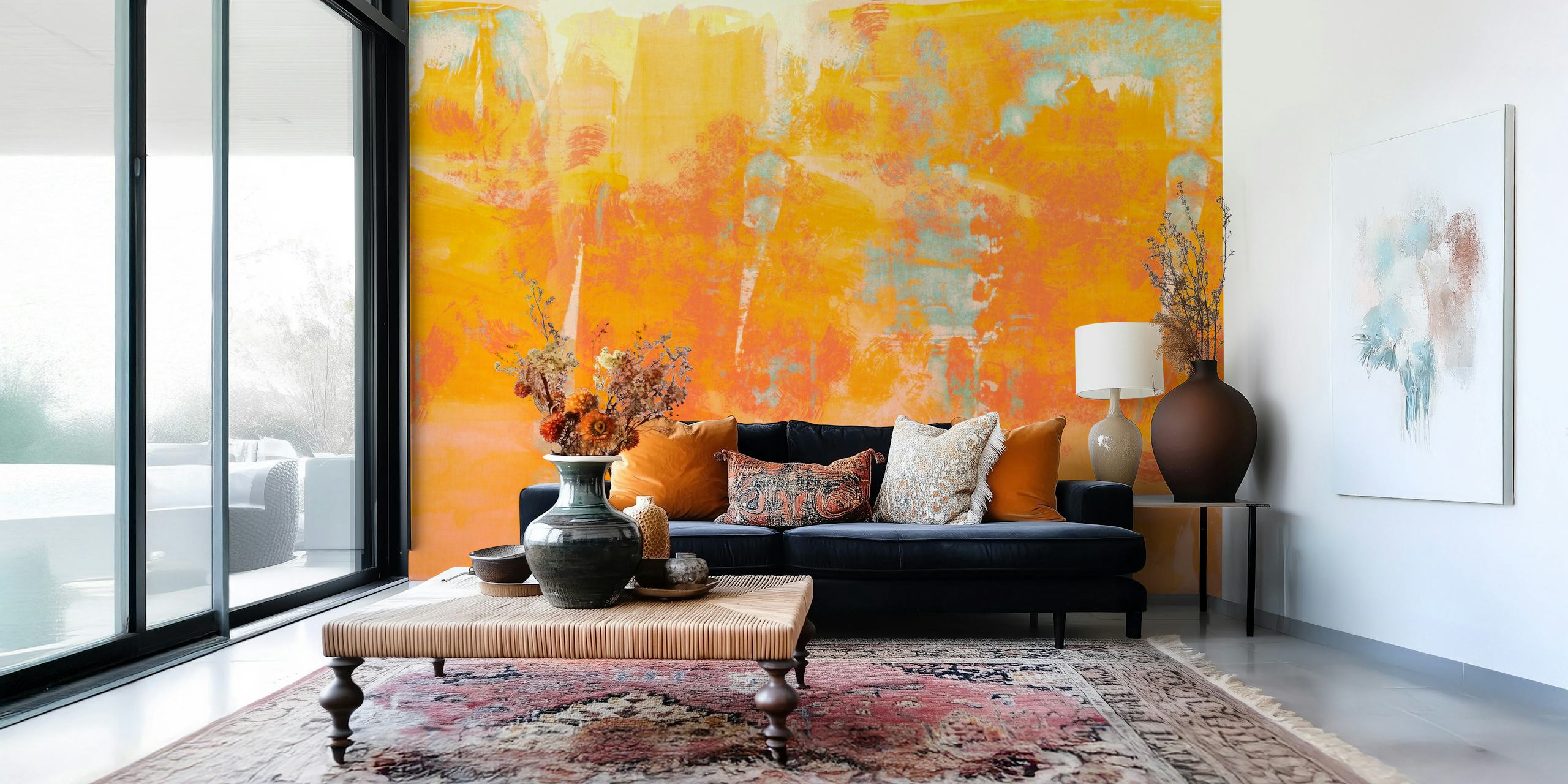 Murale astratto ad acquerello nei toni del corallo e dell'arancio con una texture grunge tattile