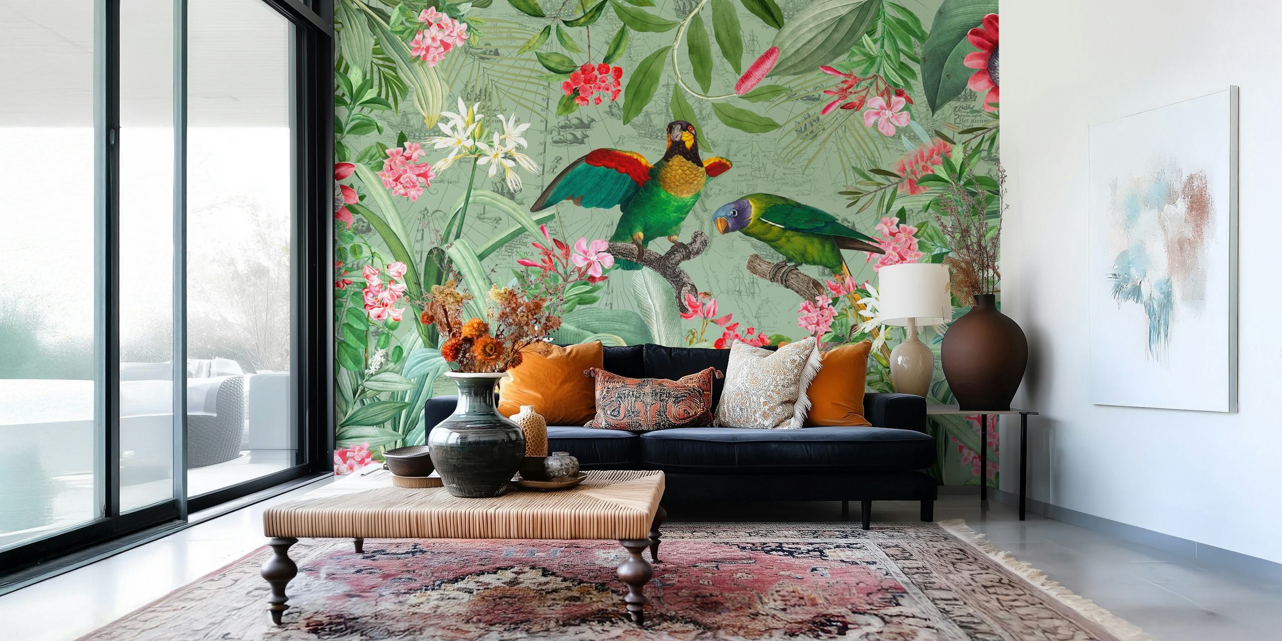 Colorful Parrots I en floral tropisk design