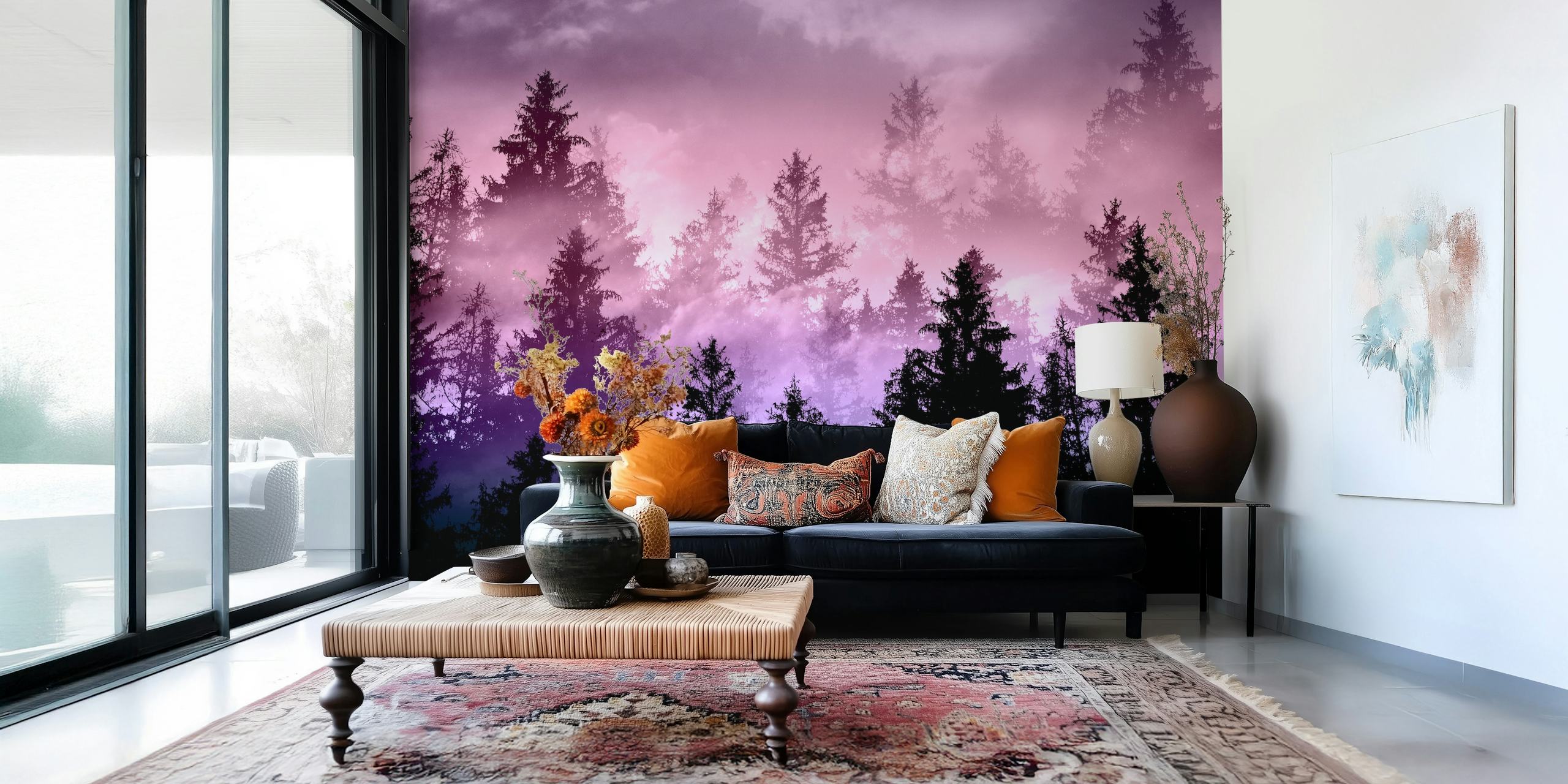 Mystical forest silhouette in purple mist wallpaper