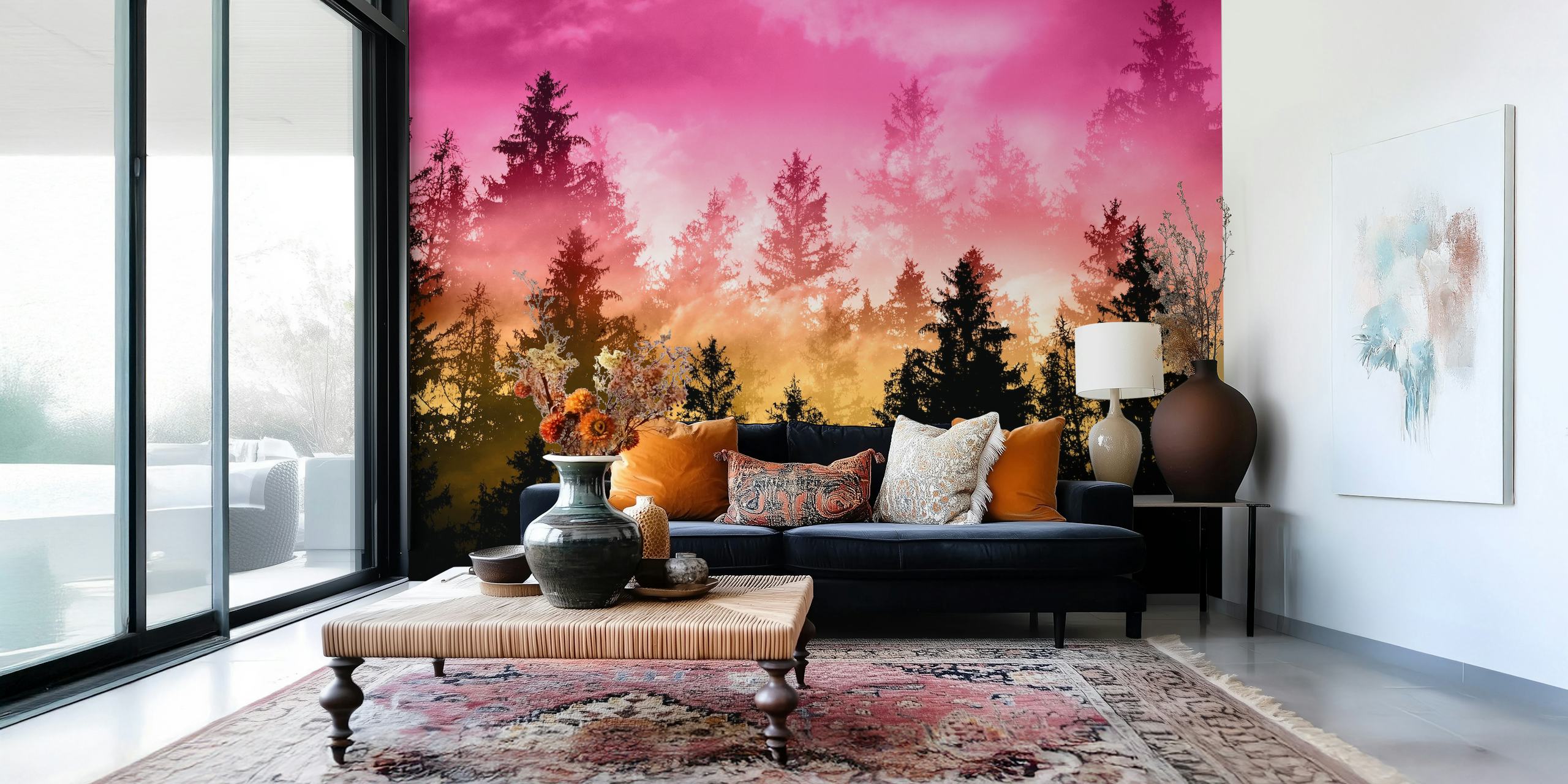 Silhouetted dark trees against a pink to orange ombre sunset wallpaper